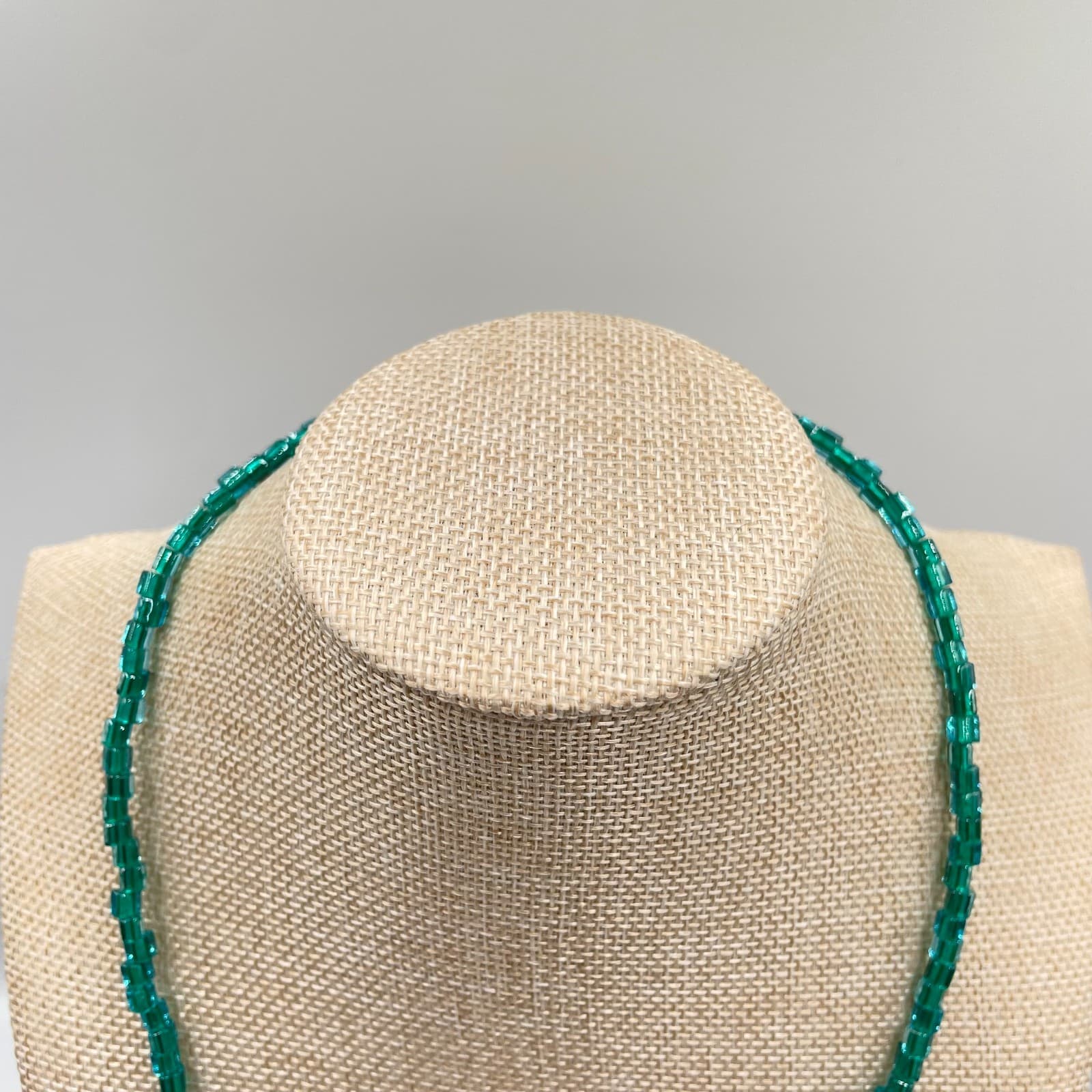 Vintage Art Deco Teal Blue Green Square Glass Bead Necklace 20" Boho Brass Clasp - Thumbnail 2