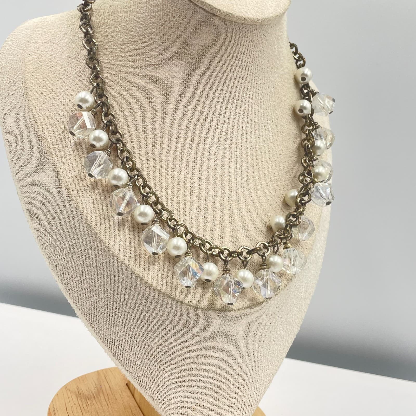 Vintage Crystal Pearl Dangle Statement Necklace Antiqued Bronze Tone Chain 18" - Thumbnail 5