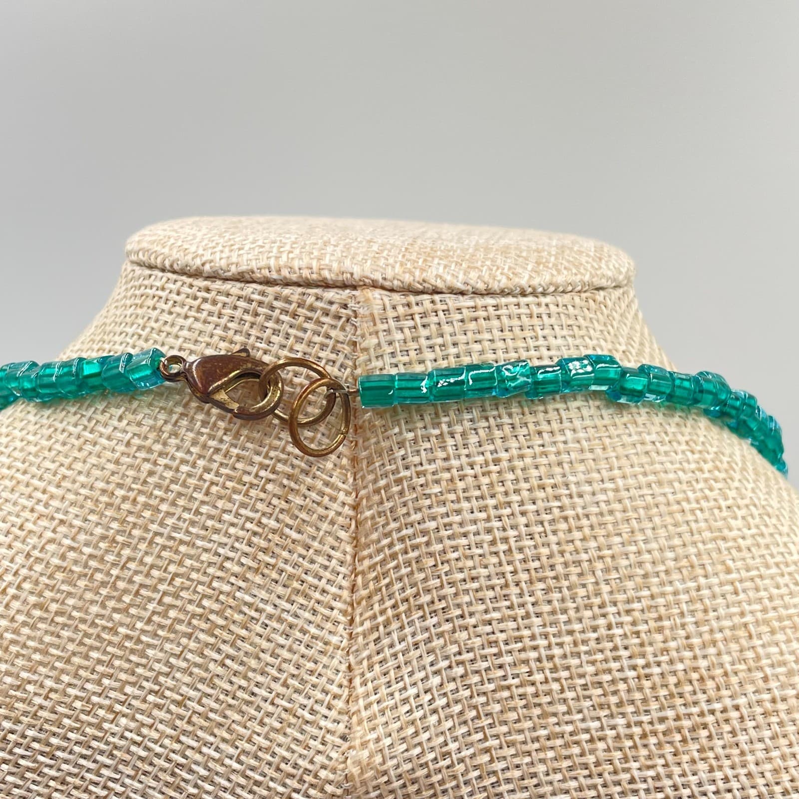 Vintage Art Deco Teal Blue Green Square Glass Bead Necklace 20" Boho Brass Clasp - Thumbnail 7