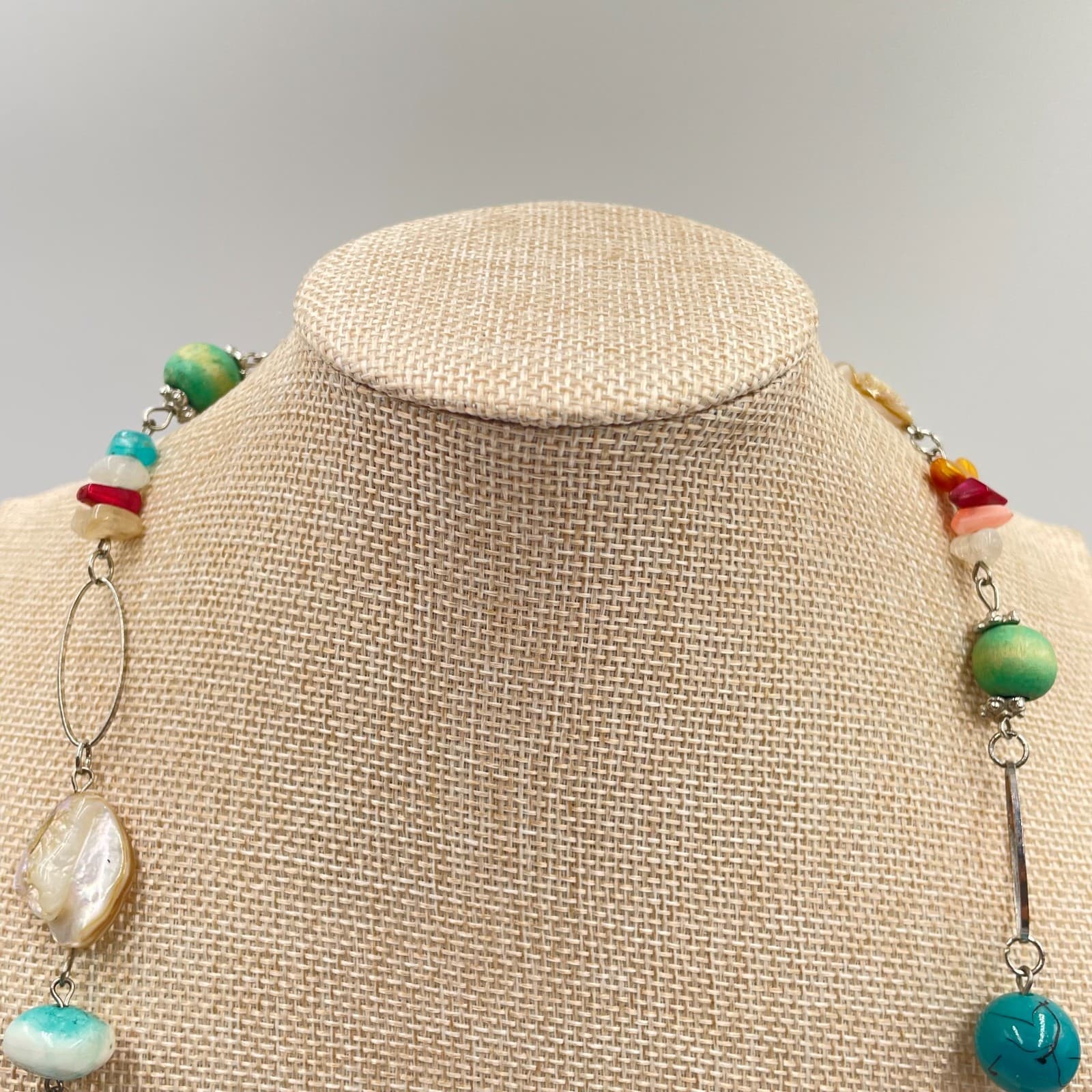 VTG Boho Mixed Gemstone Necklace Turquoise Mother of Pearl Beaded Silver Chain - Thumbnail 2