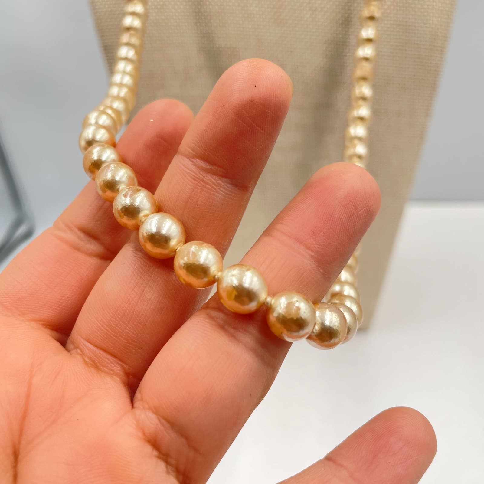 Vintage Champagne Glass Pearl Necklace 30” Opera Length Gold Tone Filigree Clasp - Thumbnail 3
