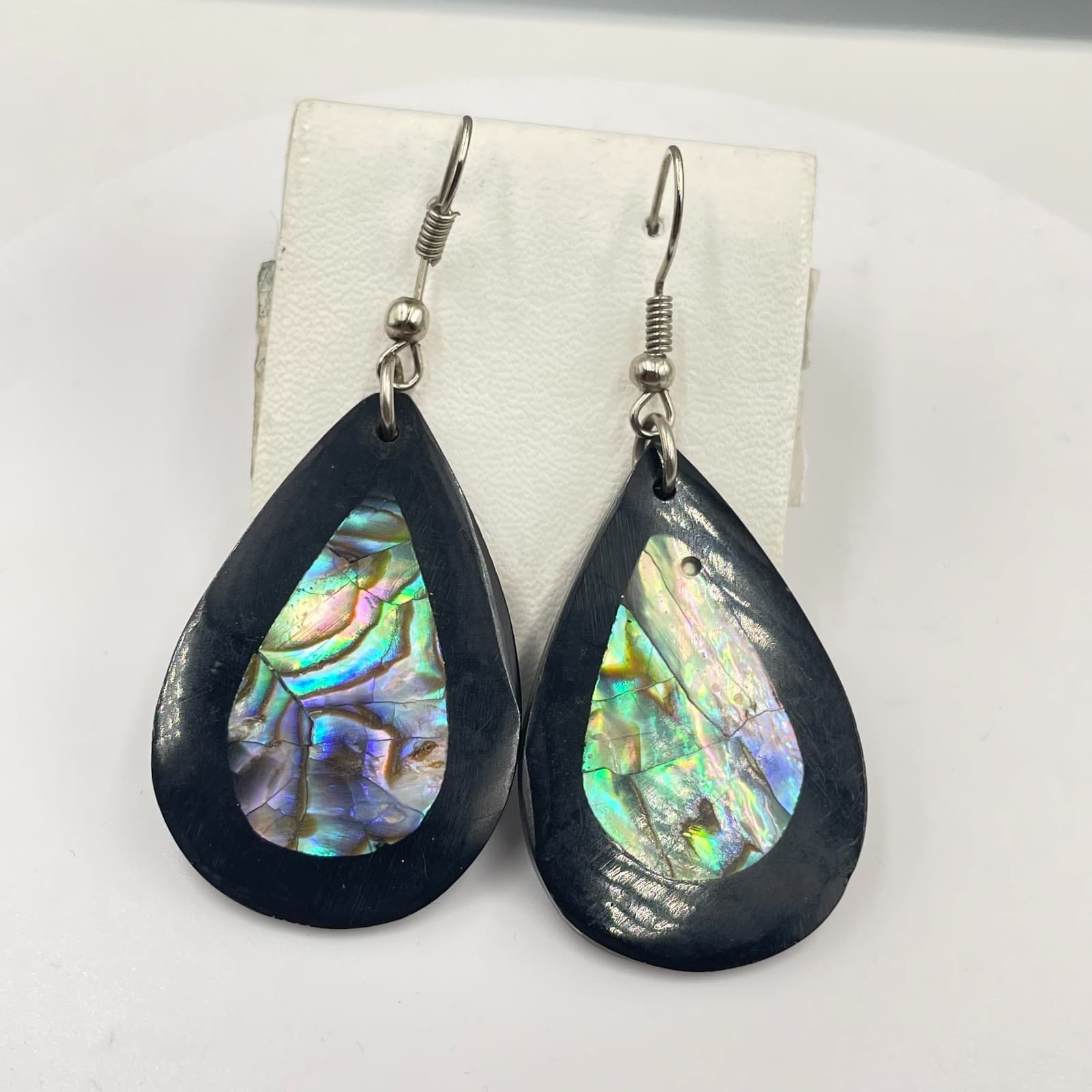 VTG Silver-Tone Iridescent Abalone Shells Inlay Teardrop Dangle Hook Earrings