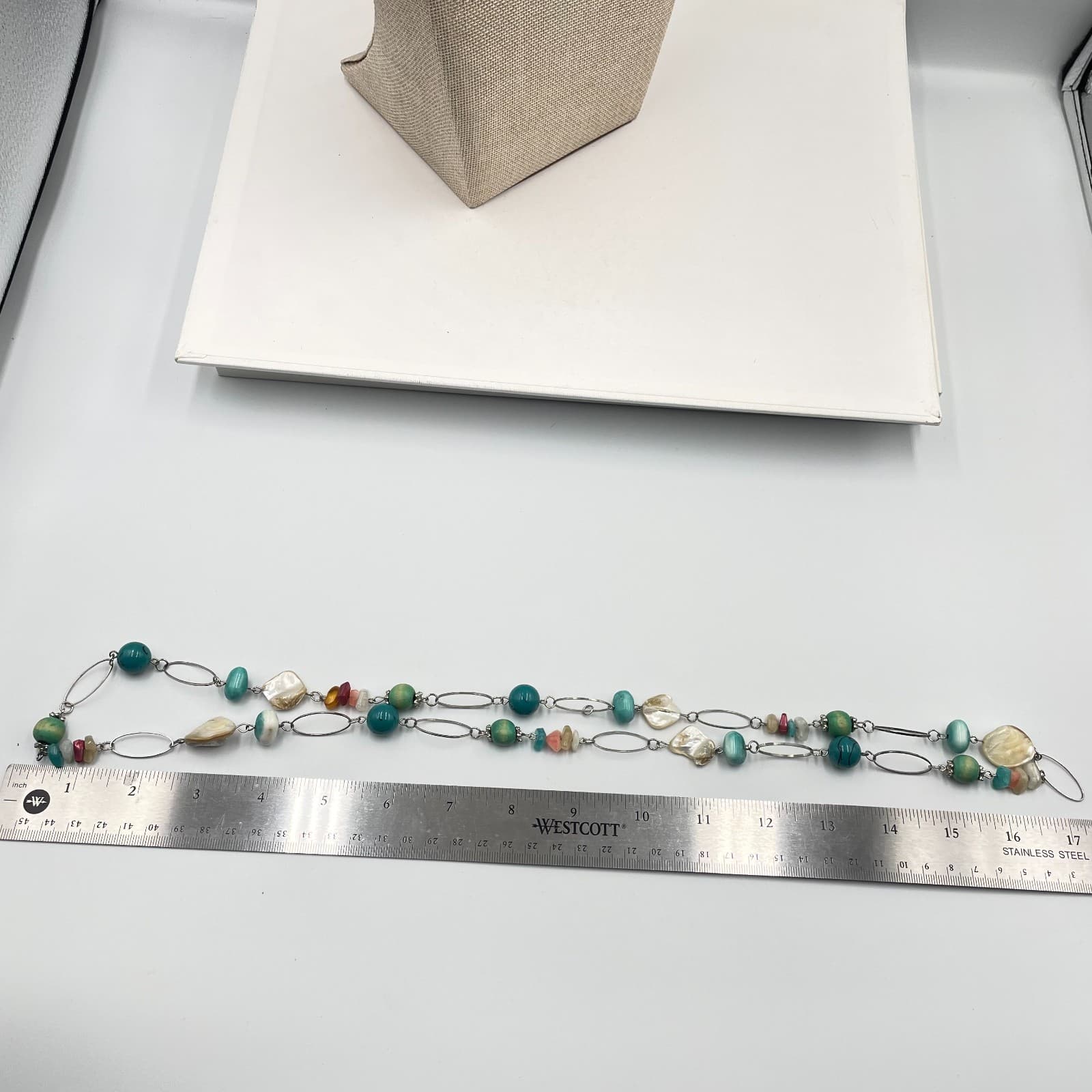 VTG Boho Mixed Gemstone Necklace Turquoise Mother of Pearl Beaded Silver Chain - Thumbnail 6