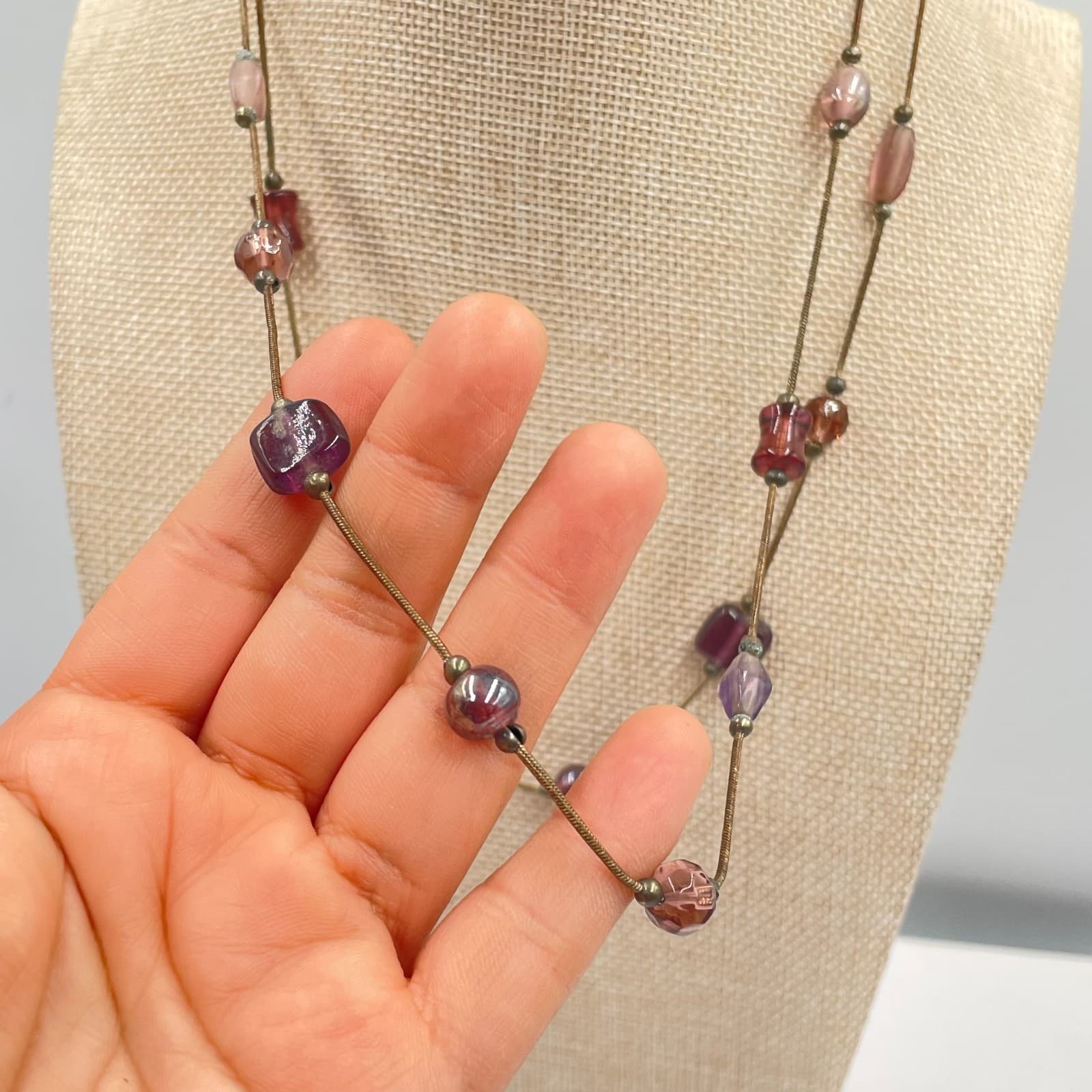 Vintage Boho Purple Brown Glass Bead Double Strand Necklace Bronze Snake Chain - Thumbnail 4
