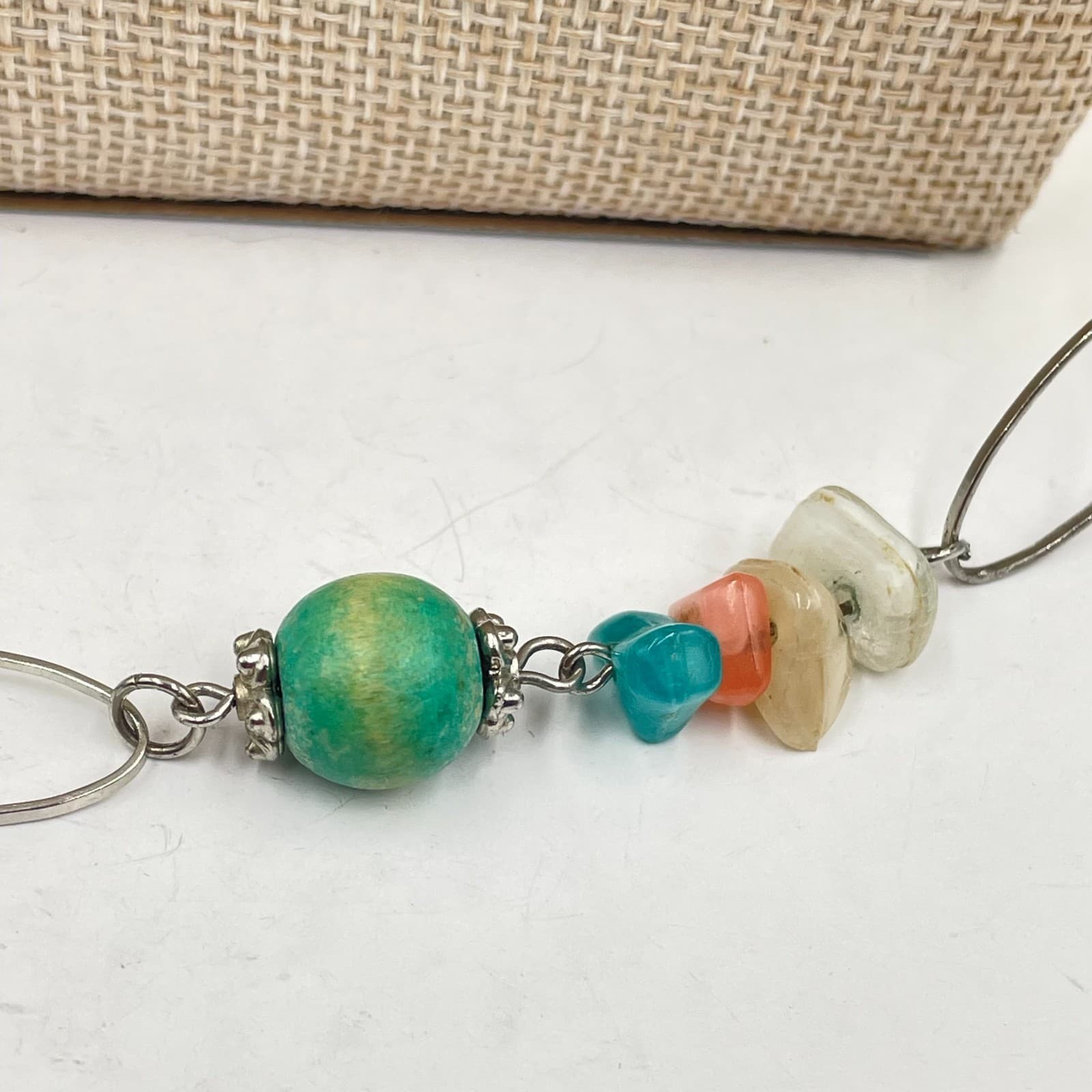 VTG Boho Mixed Gemstone Necklace Turquoise Mother of Pearl Beaded Silver Chain - Thumbnail 3