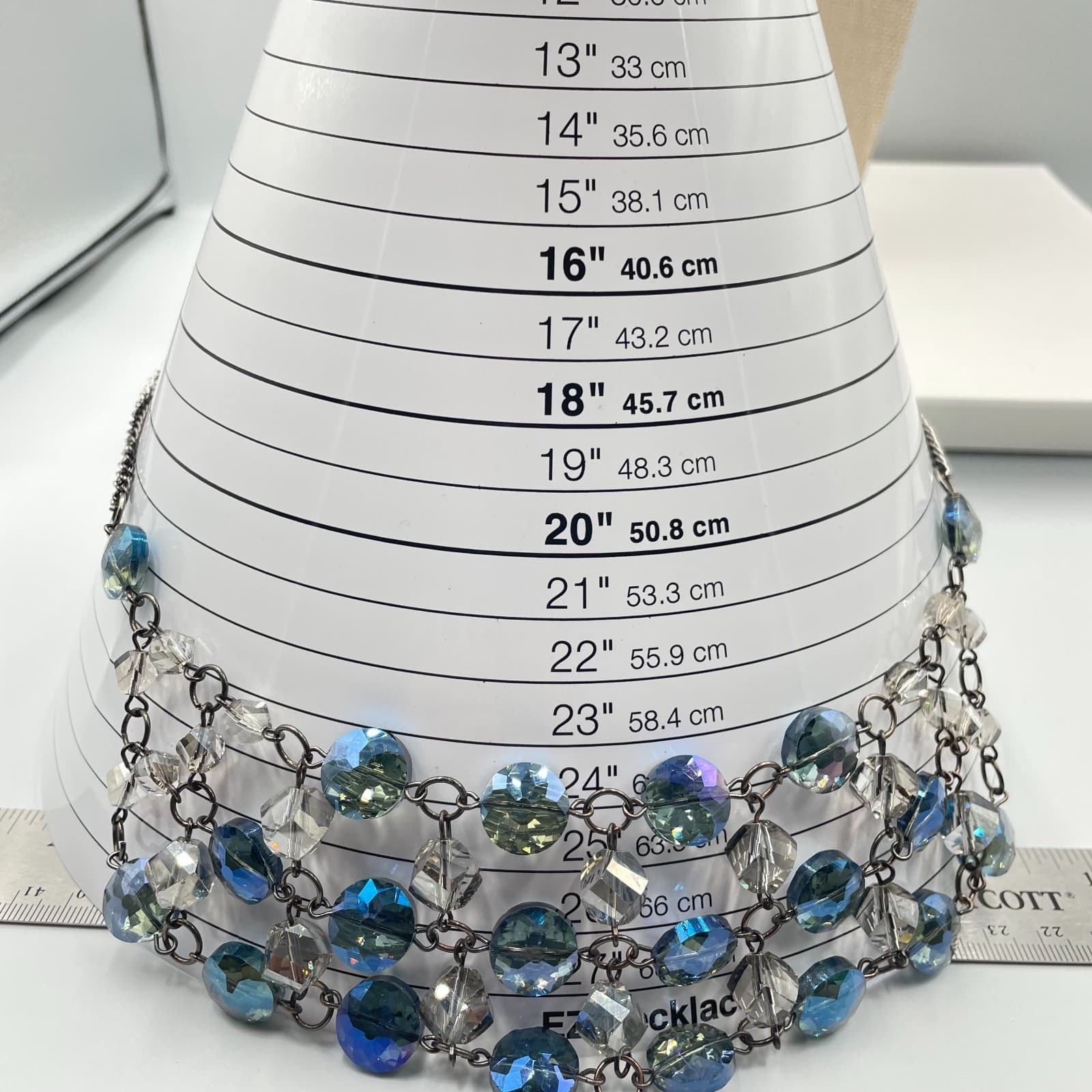 Vintage Cookie Lee Blue Crystal Bib Necklace Gunmetal Tone Multi Row Statement - Thumbnail 8
