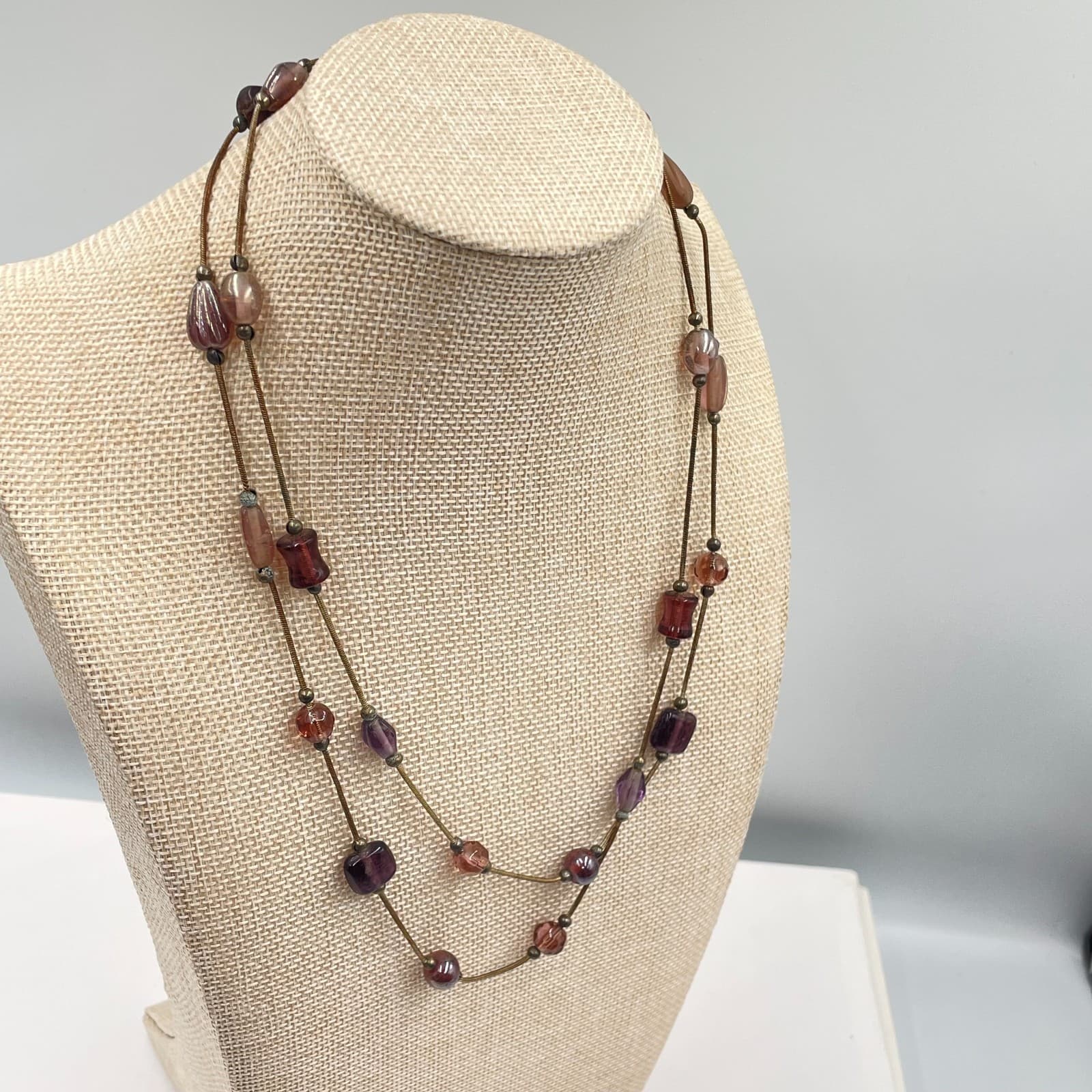 Vintage Boho Purple Brown Glass Bead Double Strand Necklace Bronze Snake Chain - Thumbnail 5
