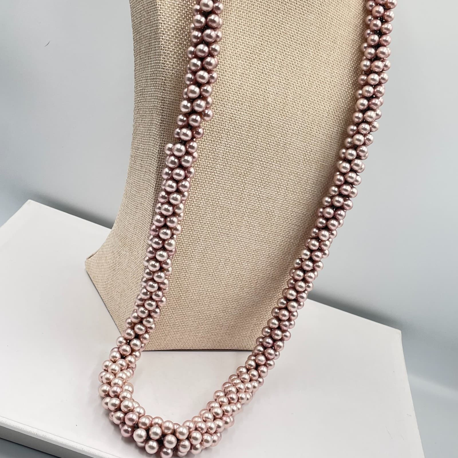 Vintage Pink Faux Pearl Woven Rope Necklace Long Multi Strand Chunky Statement - Thumbnail 4