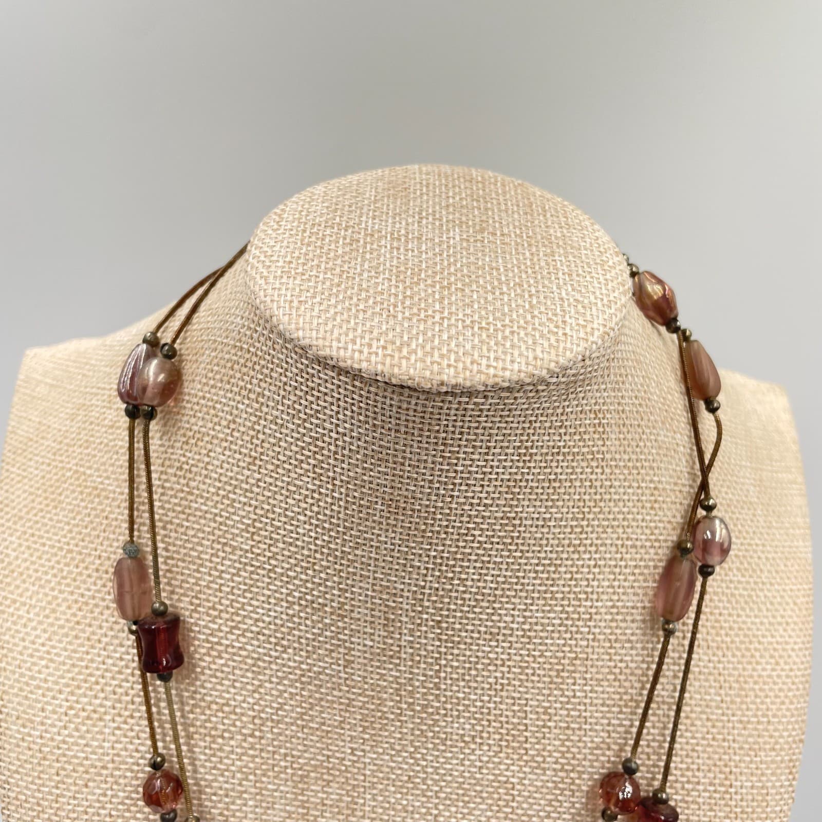 Vintage Boho Purple Brown Glass Bead Double Strand Necklace Bronze Snake Chain - Thumbnail 2