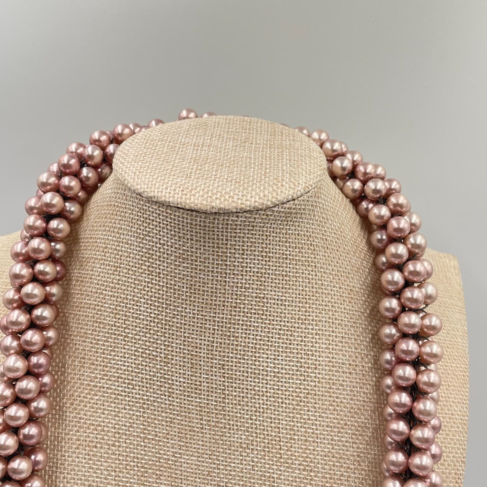 Vintage Pink Faux Pearl Woven Rope Necklace Long Multi Strand Chunky Statement - Thumbnail 2