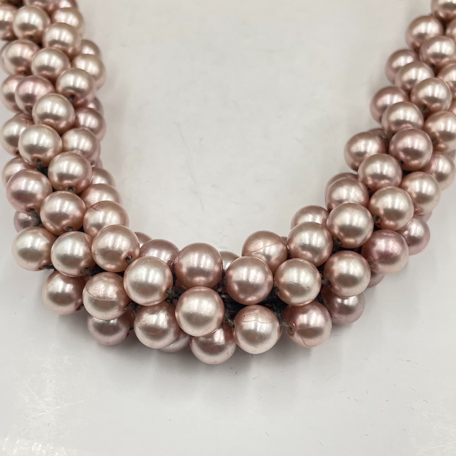Vintage Pink Faux Pearl Woven Rope Necklace Long Multi Strand Chunky Statement - Thumbnail 3