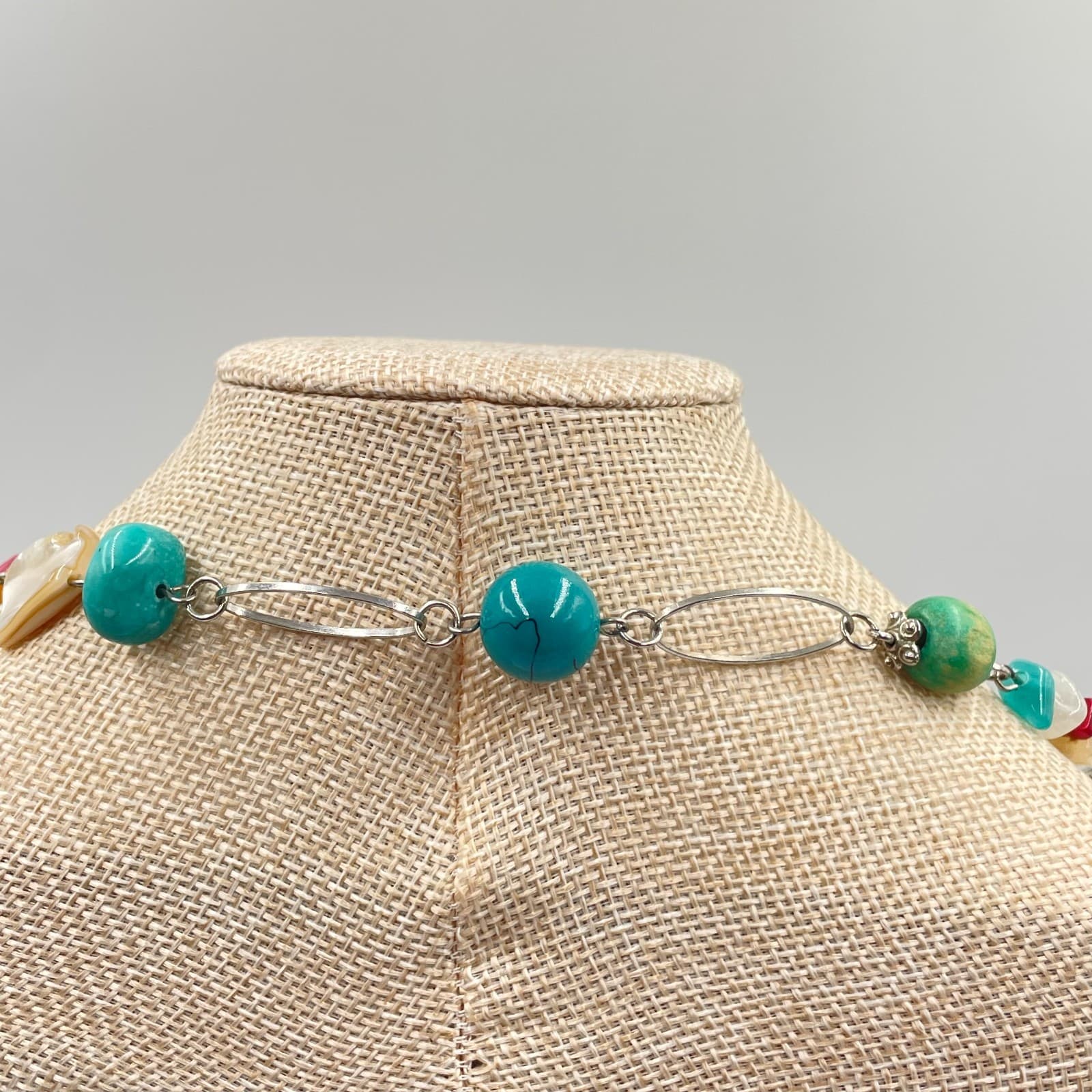 VTG Boho Mixed Gemstone Necklace Turquoise Mother of Pearl Beaded Silver Chain - Thumbnail 5