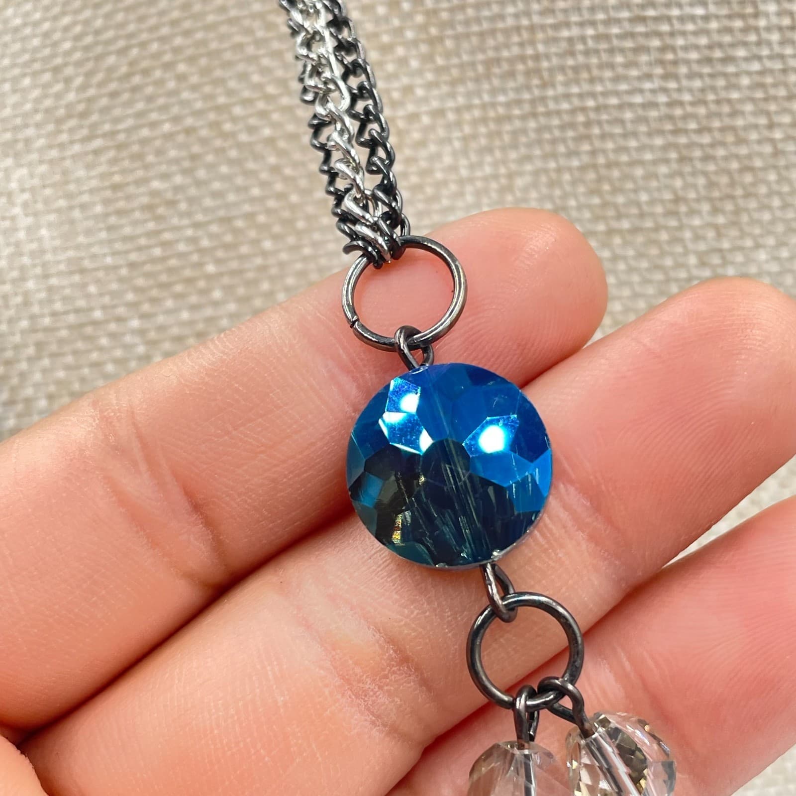 Vintage Cookie Lee Blue Crystal Bib Necklace Gunmetal Tone Multi Row Statement - Thumbnail 5