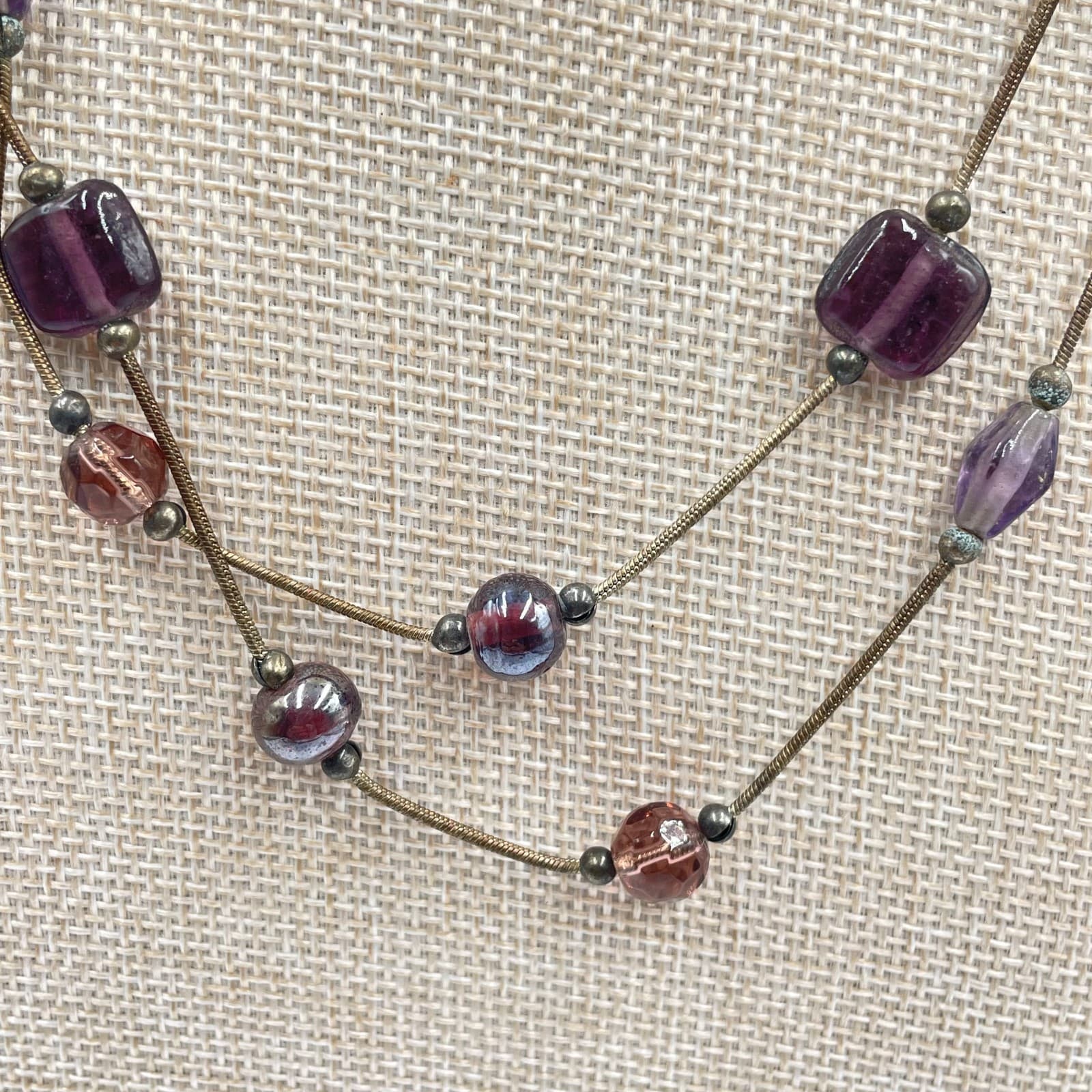 Vintage Boho Purple Brown Glass Bead Double Strand Necklace Bronze Snake Chain - Thumbnail 3