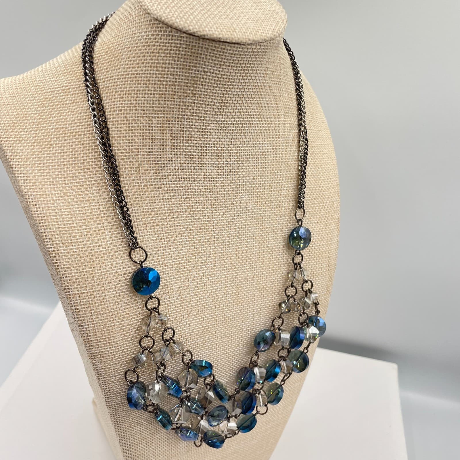 Vintage Cookie Lee Blue Crystal Bib Necklace Gunmetal Tone Multi Row Statement - Thumbnail 4
