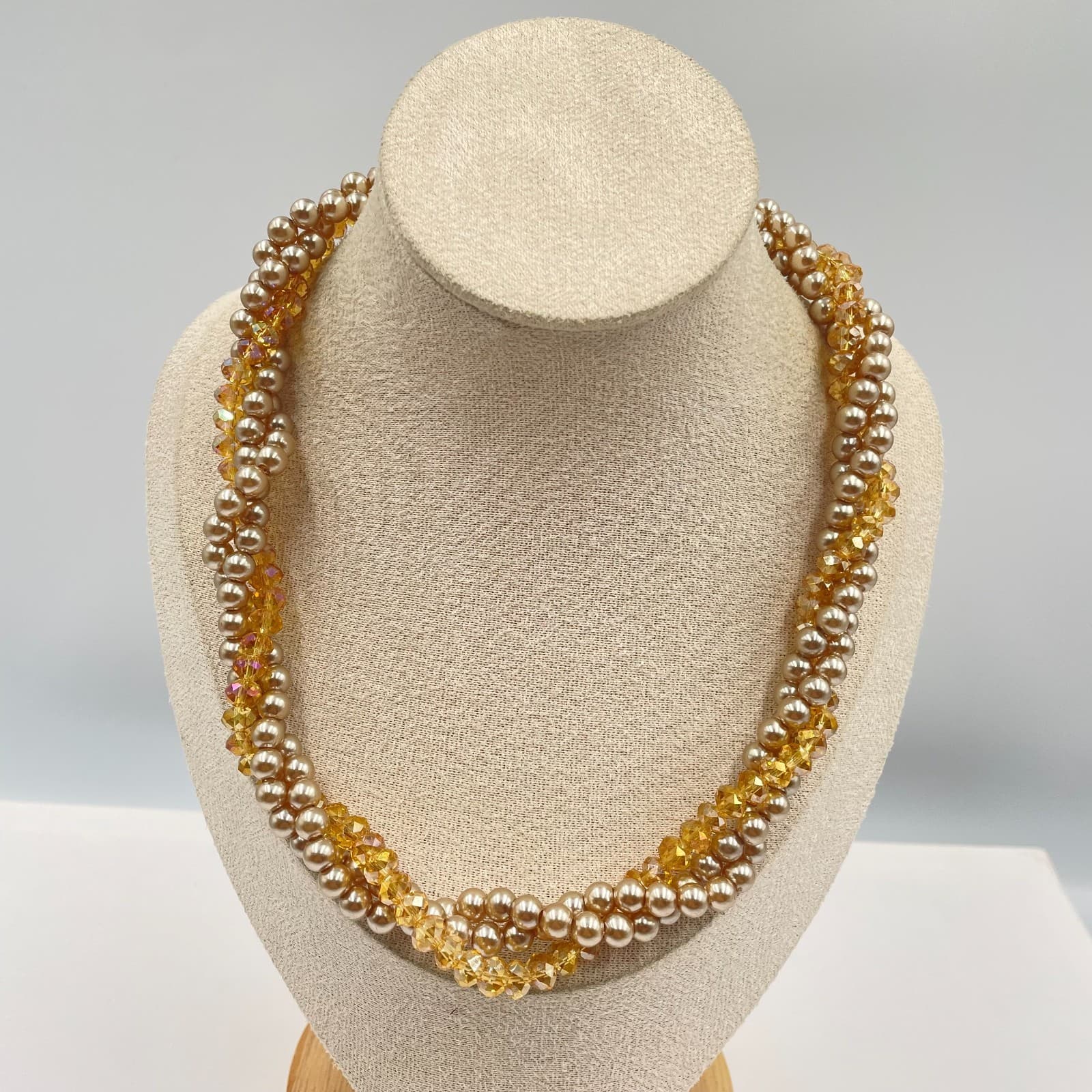 Adjustable Amber-Tone Faceted Glass Faux Pearls Beads Torsade Lobster Necklace
