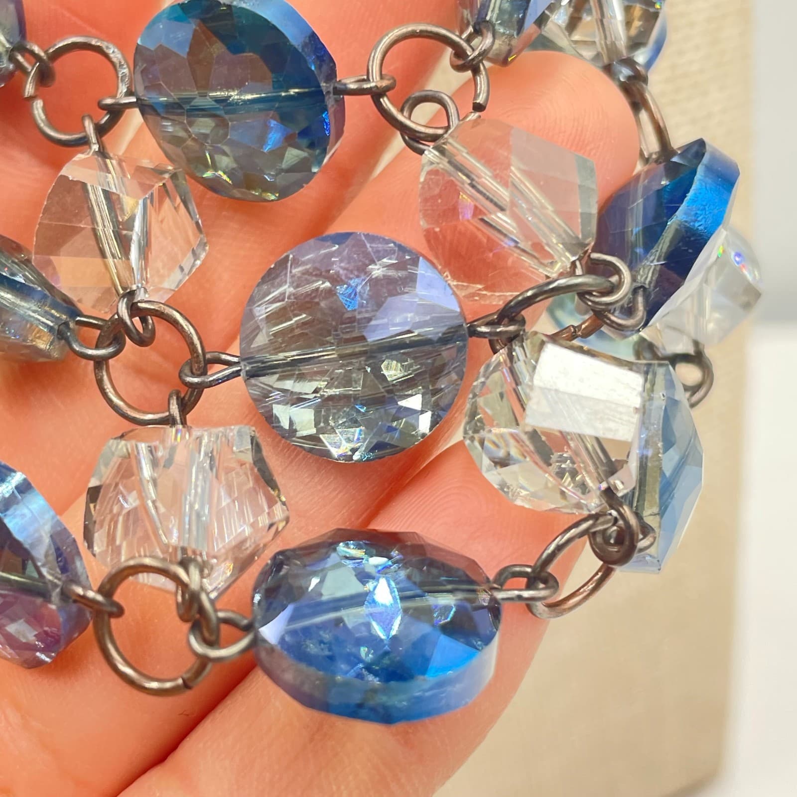 Vintage Cookie Lee Blue Crystal Bib Necklace Gunmetal Tone Multi Row Statement - Thumbnail 6