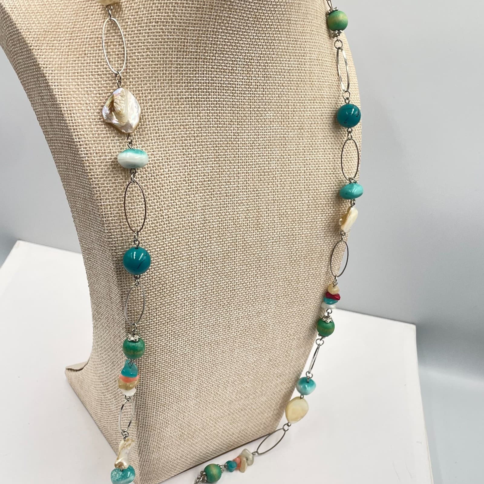 VTG Boho Mixed Gemstone Necklace Turquoise Mother of Pearl Beaded Silver Chain - Thumbnail 4