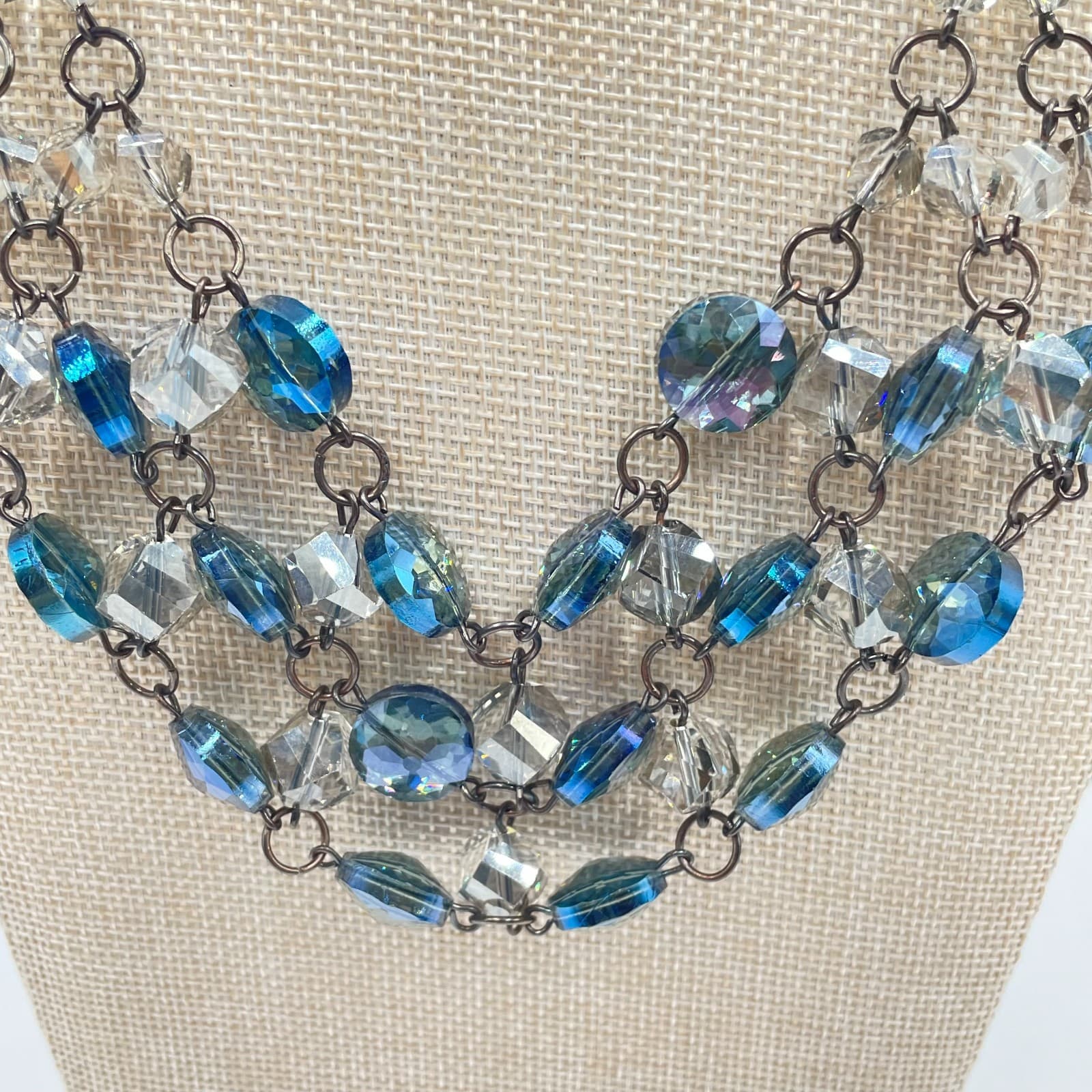 Vintage Cookie Lee Blue Crystal Bib Necklace Gunmetal Tone Multi Row Statement - Thumbnail 3