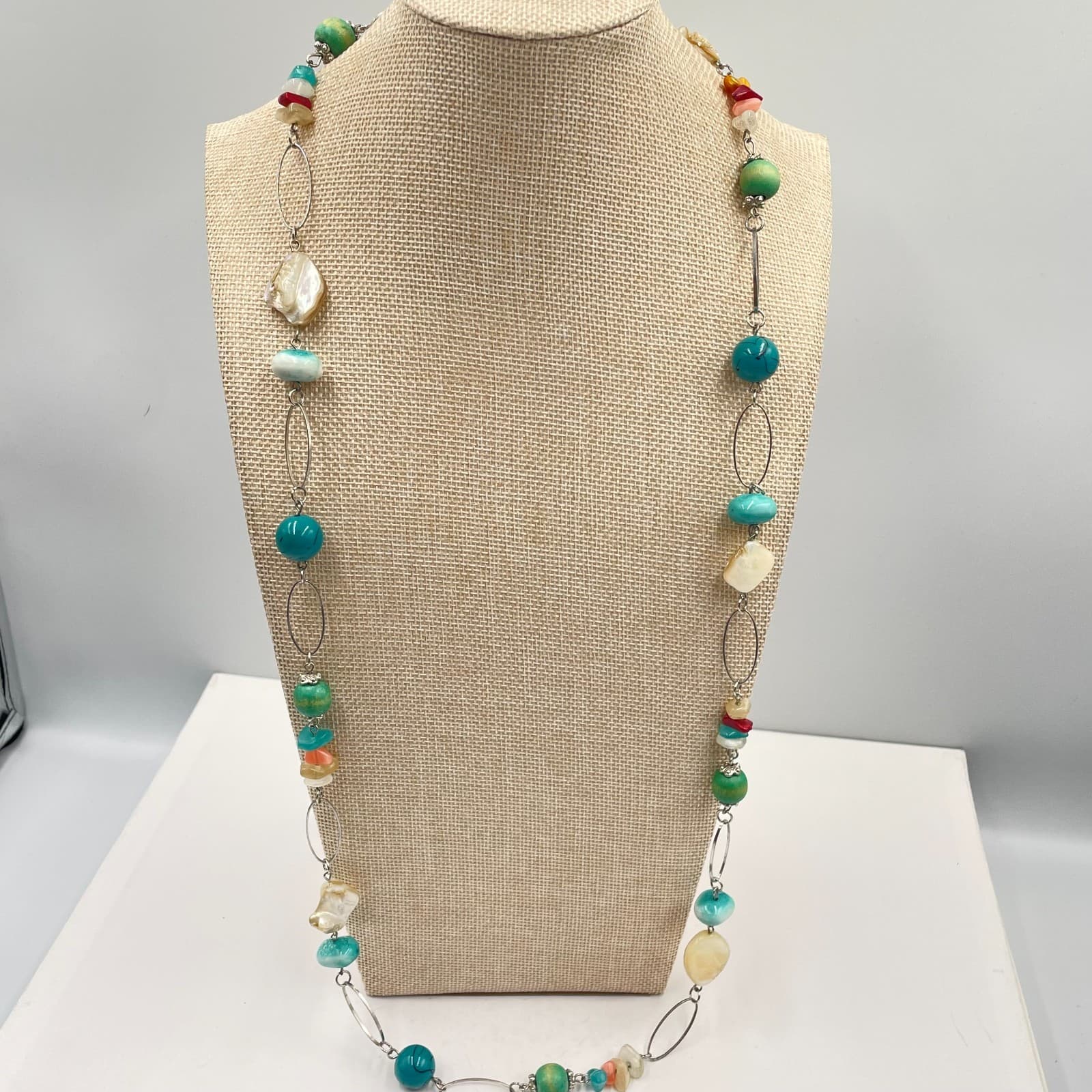 VTG Boho Mixed Gemstone Necklace Turquoise Mother of Pearl Beaded Silver Chain