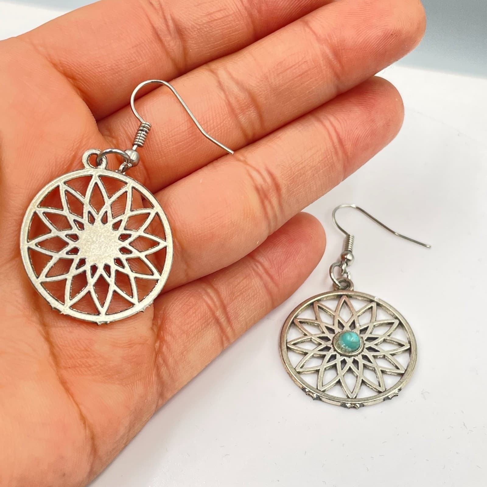 Bohemian Silver-Tone Metal Turquoise Center Mandala Dangle Drop Hook Earrings - Thumbnail 6