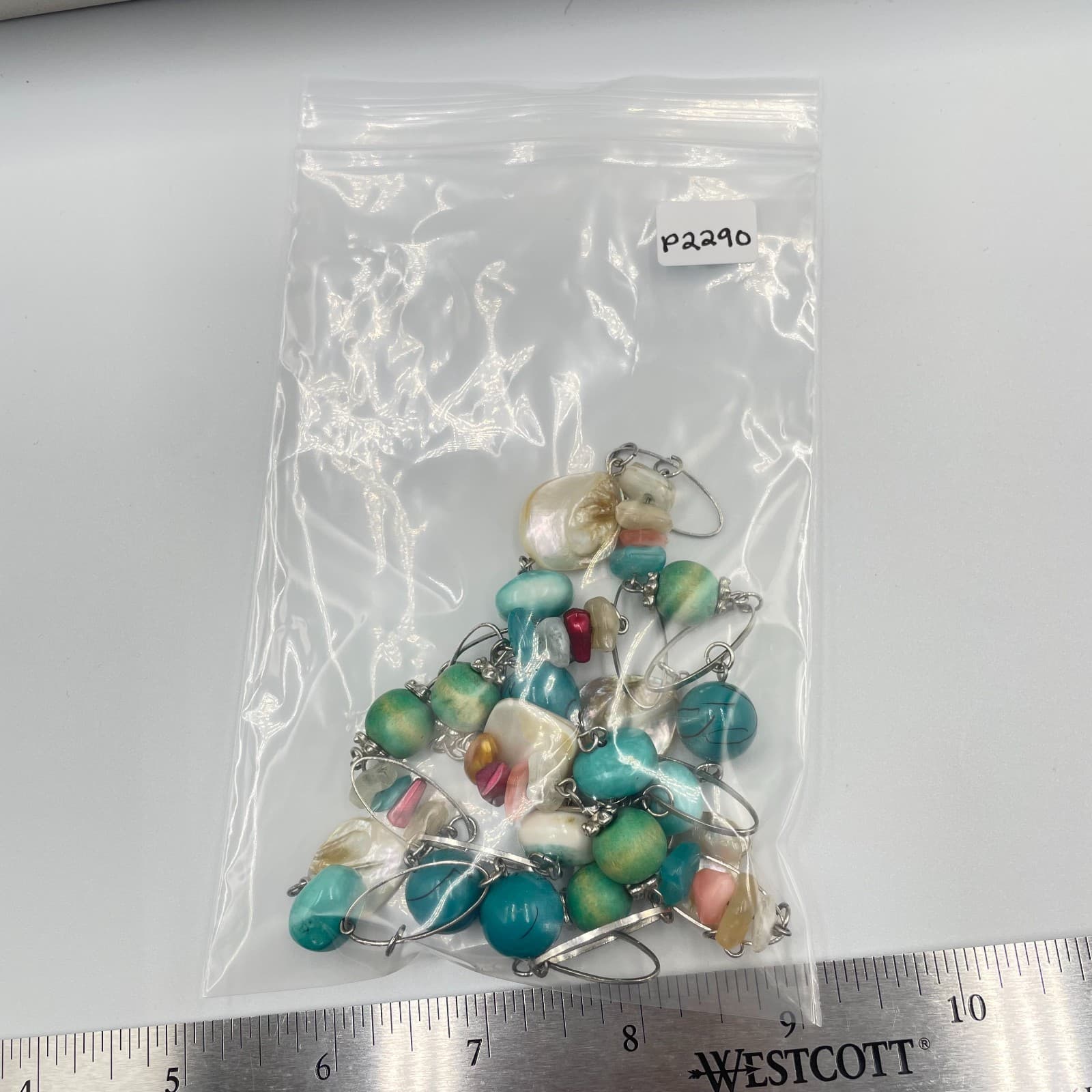 VTG Boho Mixed Gemstone Necklace Turquoise Mother of Pearl Beaded Silver Chain - Thumbnail 7
