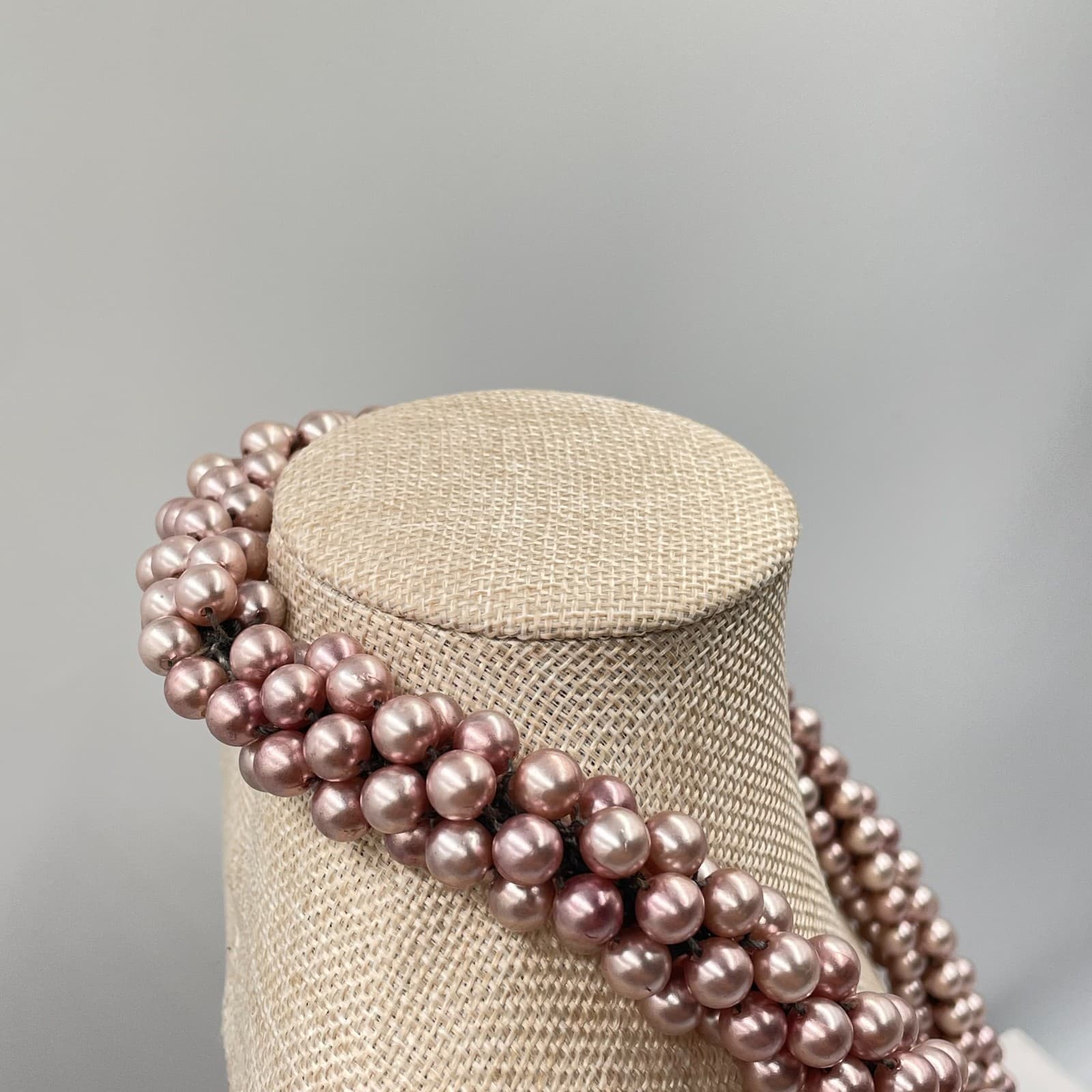 Vintage Pink Faux Pearl Woven Rope Necklace Long Multi Strand Chunky Statement - Thumbnail 5