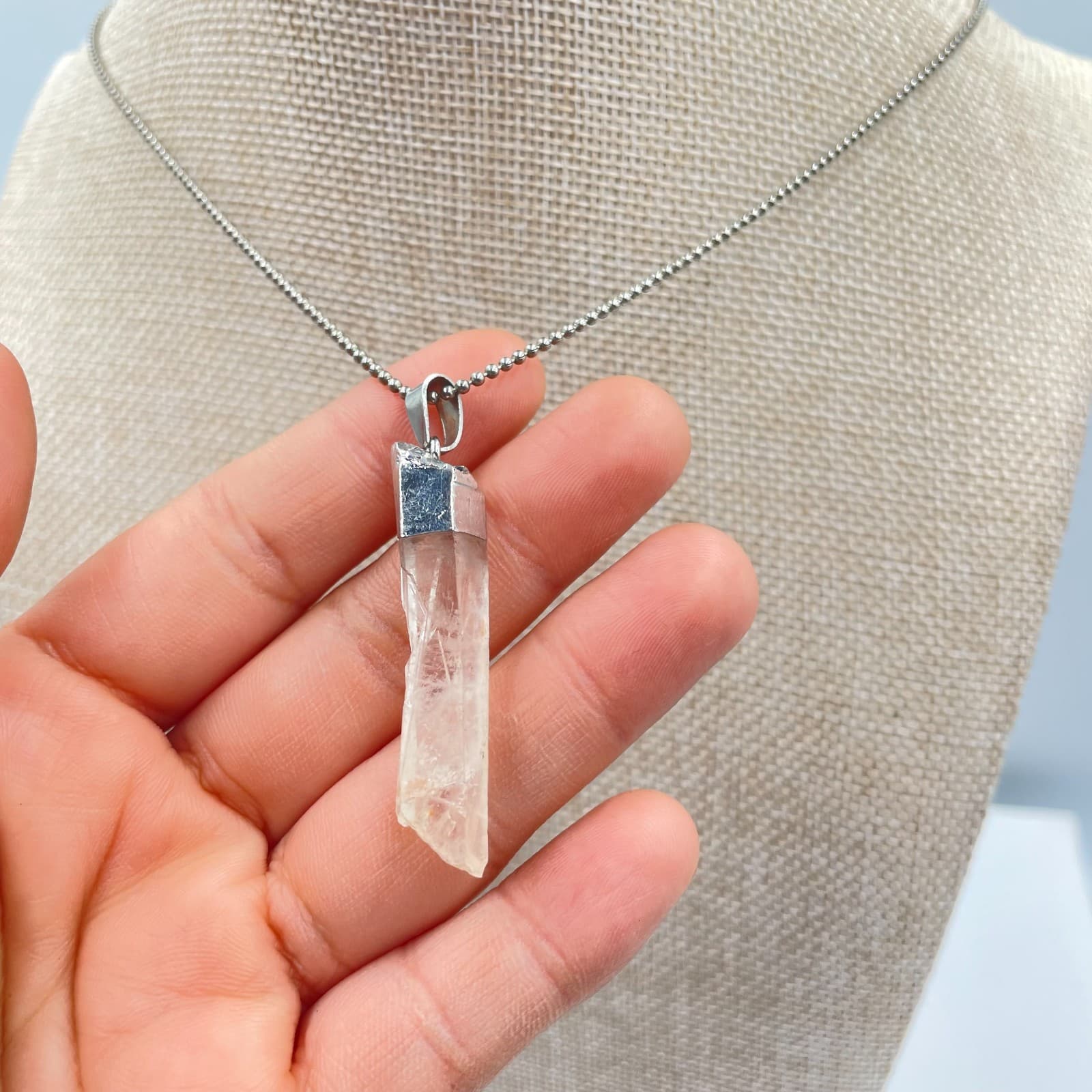 Vintage Raw Clear Quartz Crystal Point Pendant Necklace Silver Ball Chain 24" - Thumbnail 3