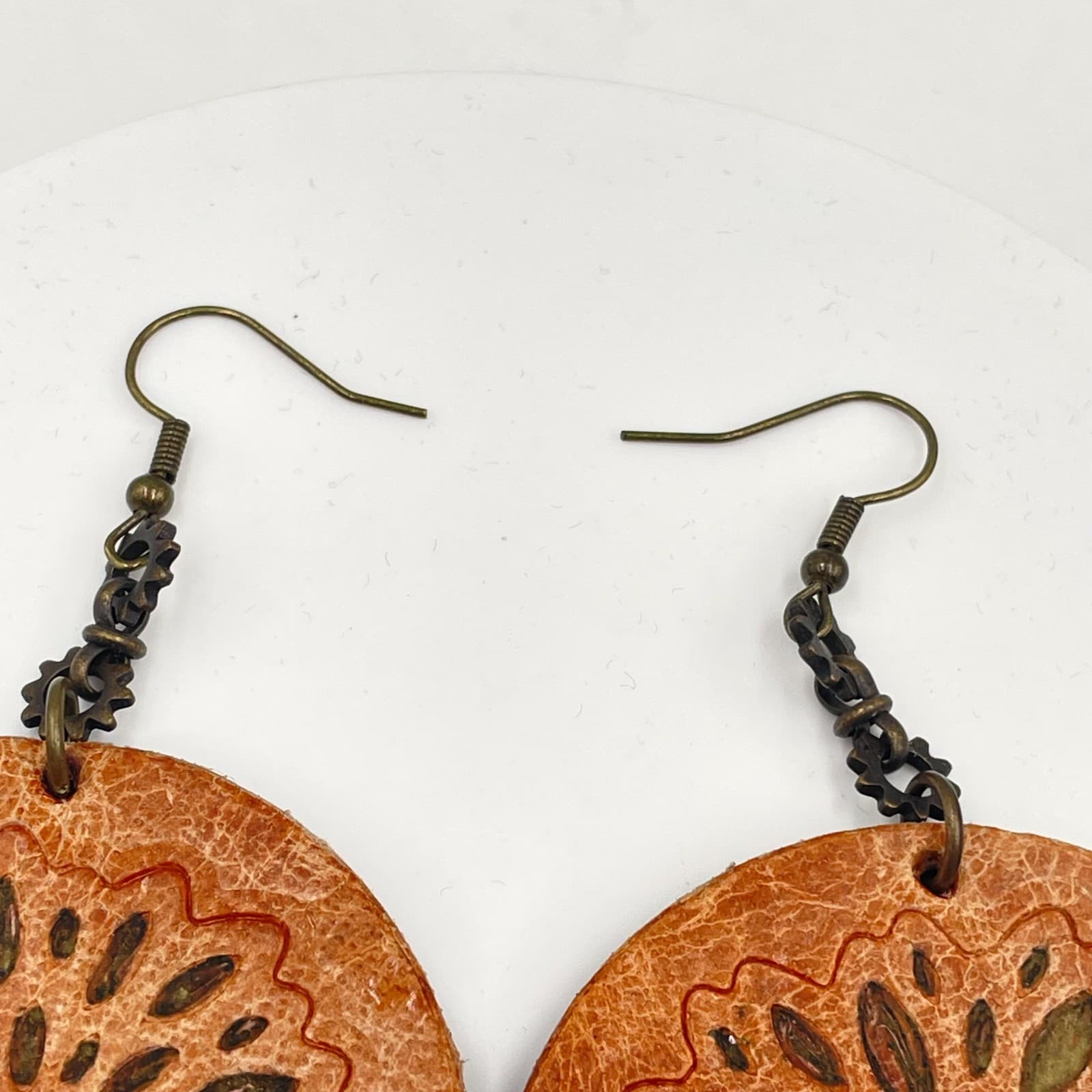 Boho-Chic Bronze-Tone Brown Hand-Dyed Leather Mandala Dangle French Hook Earring - Thumbnail 4