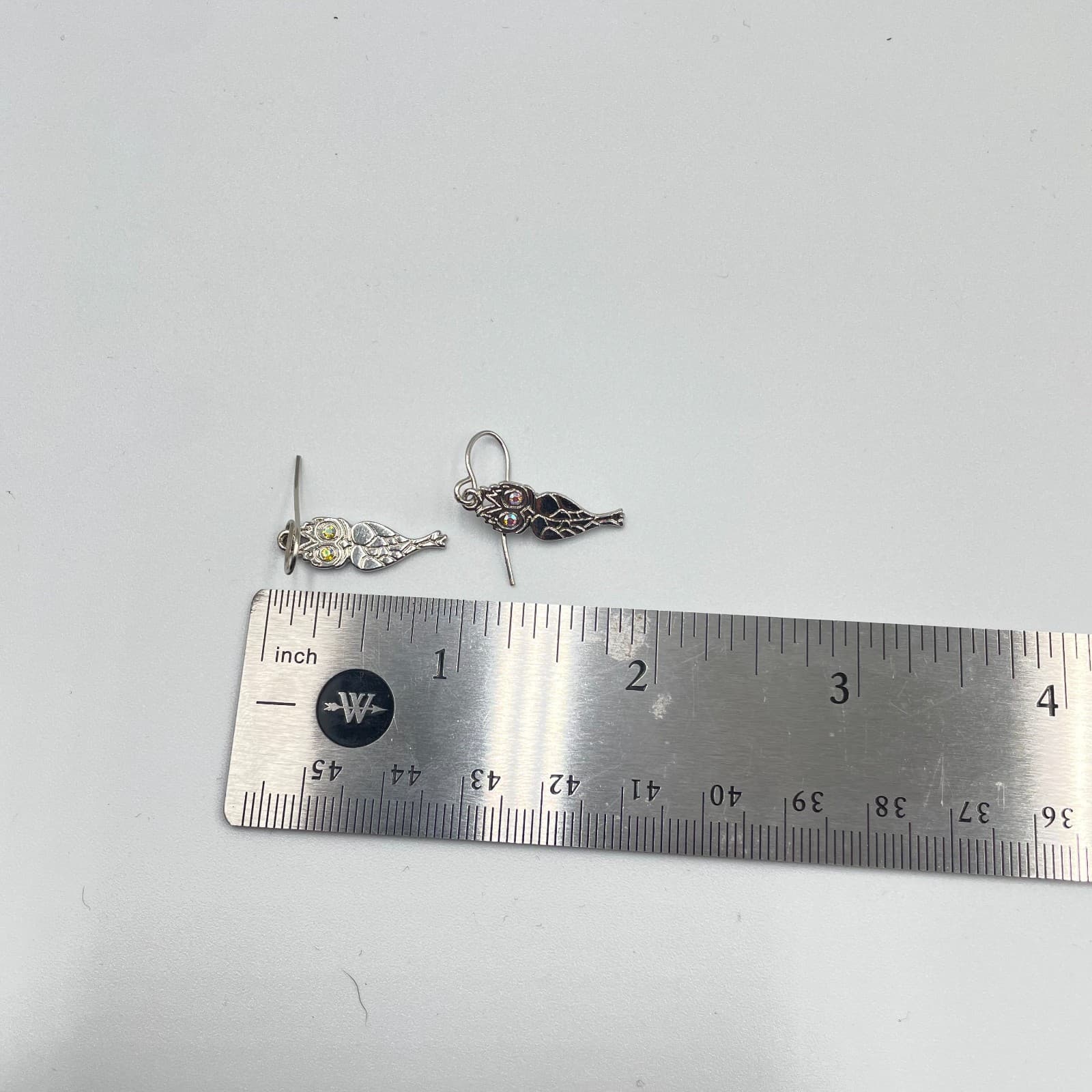 Vintage Silver-Tone Textured Metal Iridescent Rhinestone Eye Owl Dangle Earrings - Thumbnail 7