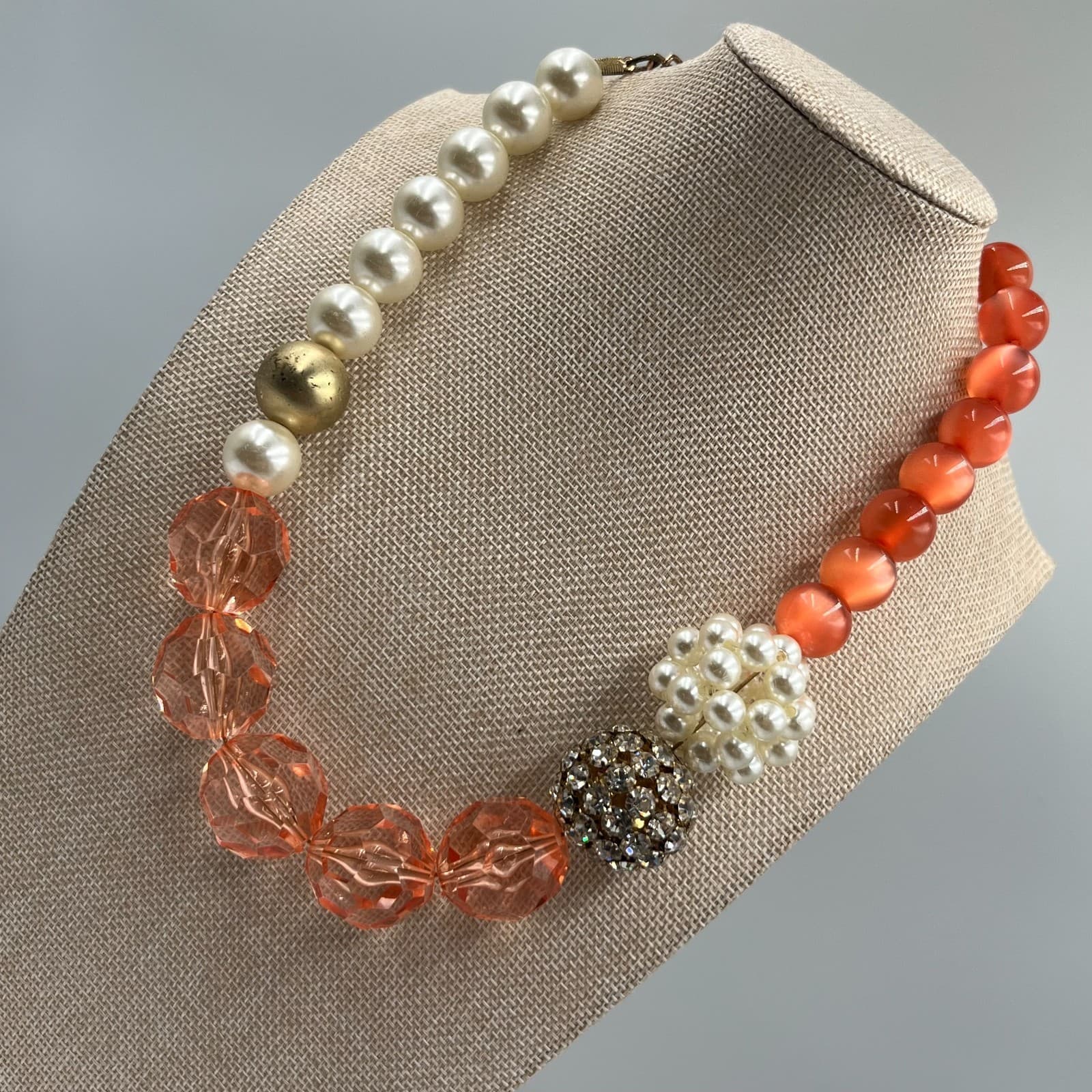 VTG White Orange Mother Of Pearl Faceted Glass Beaded Statement Collar Necklace - Thumbnail 6