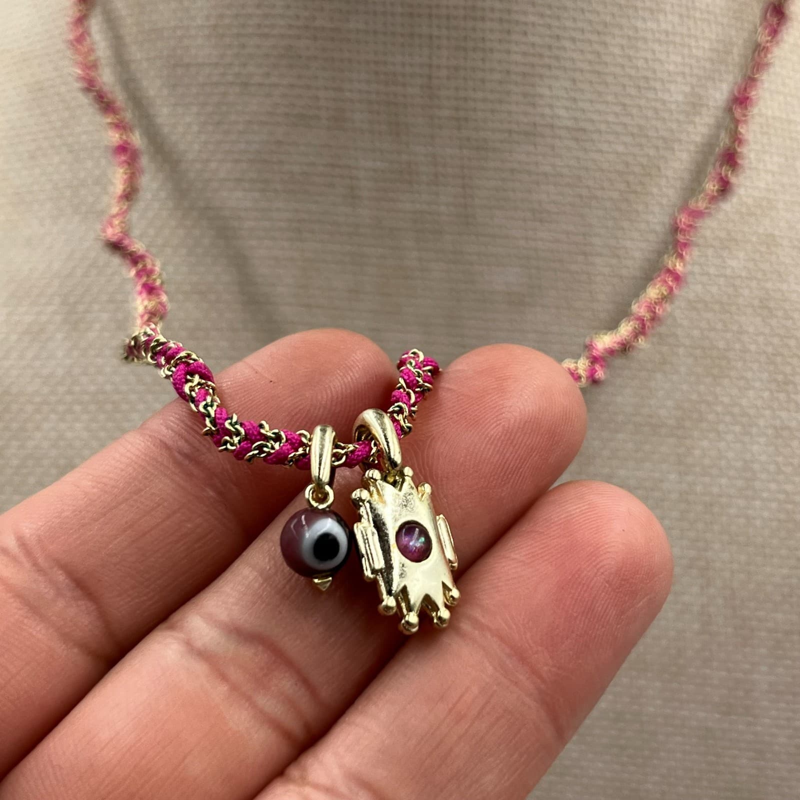 Vintage Boho Evil Eye Sun Pendant Necklace Braided Pink Cord Tassel Adjustable - Thumbnail 4