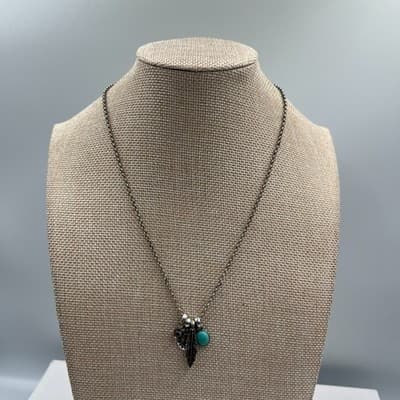 Western Silver-Tone Rolo Chain Feather Turquoise & Sun Charm Cluster Necklace - Thumbnail 2