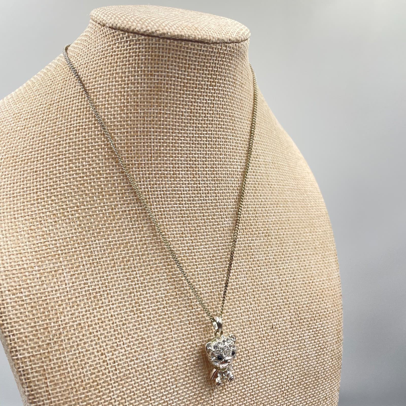 Adjustable Silver-Tone Curb Chain Rhinestone Pave Teddy Bear Pendant Necklace - Thumbnail 5
