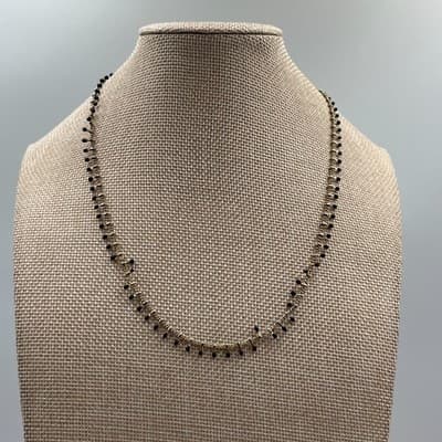 Vintage Gold Tone Fringe Necklace Black Onyx Glass Bead Dangle Shingle Statement - Thumbnail 4