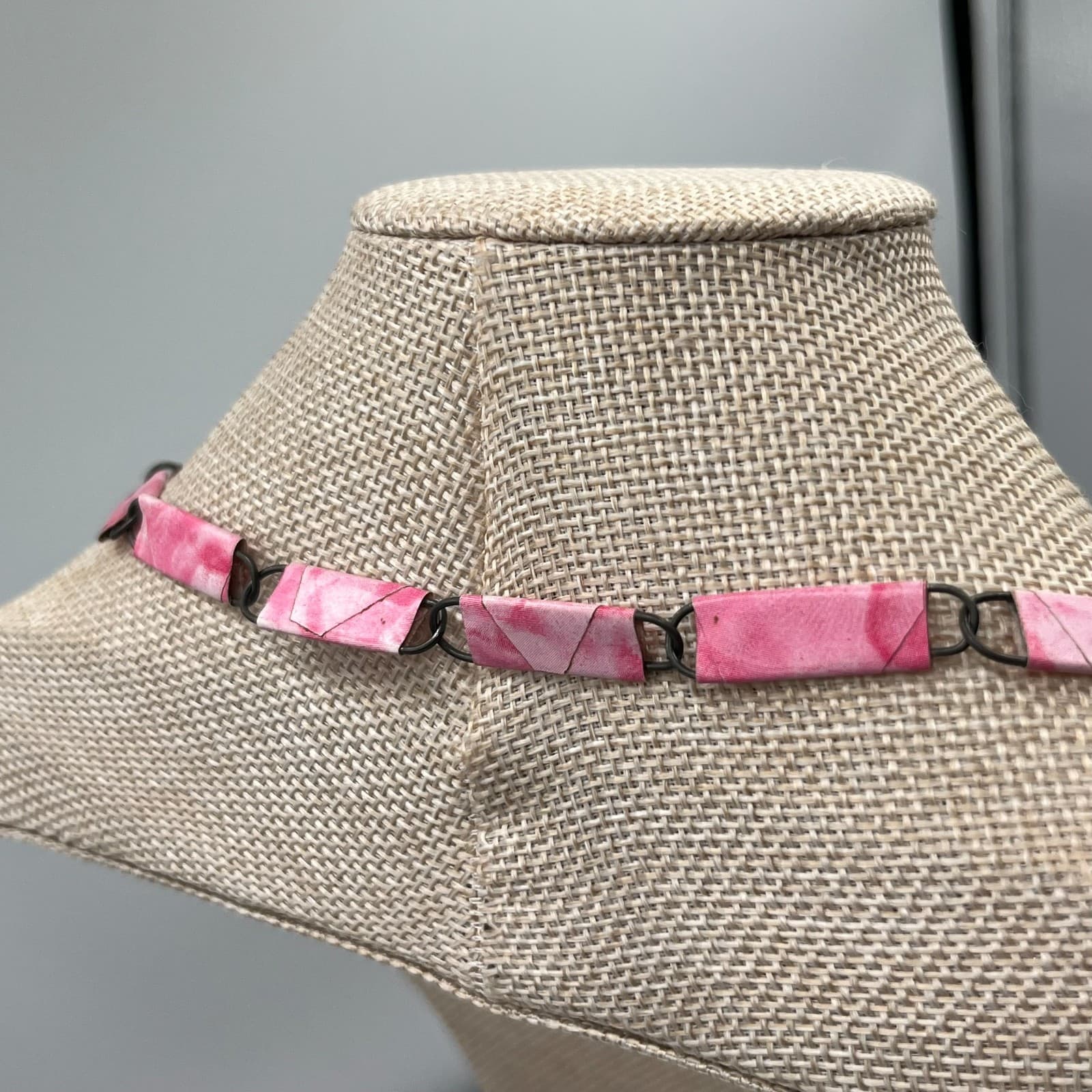 Vintage Pink Marbleized Rectangular Link Lariat Necklace Y-Shape Tassel 18" Boho - Thumbnail 6