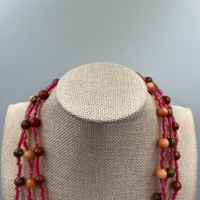 Vintage Multi Strand Beaded Necklace Earth Tone Green Pink Orange Boho Statement - Thumbnail 3
