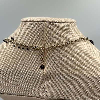 Vintage Gold Tone Fringe Necklace Black Onyx Glass Bead Dangle Shingle Statement - Thumbnail 7