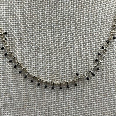 Vintage Gold Tone Fringe Necklace Black Onyx Glass Bead Dangle Shingle Statement - Thumbnail 3