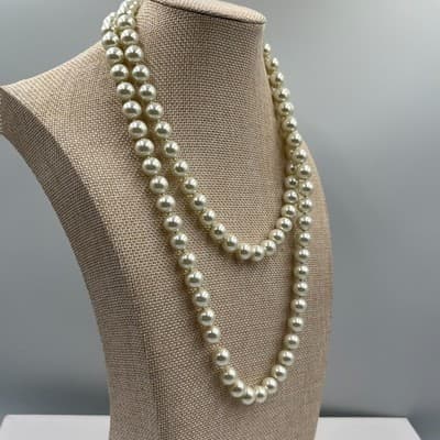 Vintage Double Strand Pearl Necklace Faux Glass White Cream Knotted Art Deco 16" - Thumbnail 3