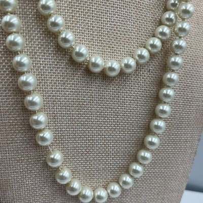 Vintage Double Strand Pearl Necklace Faux Glass White Cream Knotted Art Deco 16" - Thumbnail 5