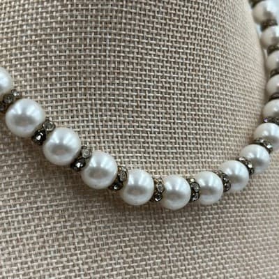 Vintage 3-Strand Faux Pearl Necklace Rhinestone Rondelles Wedding Jewelry 1950s - Thumbnail 4