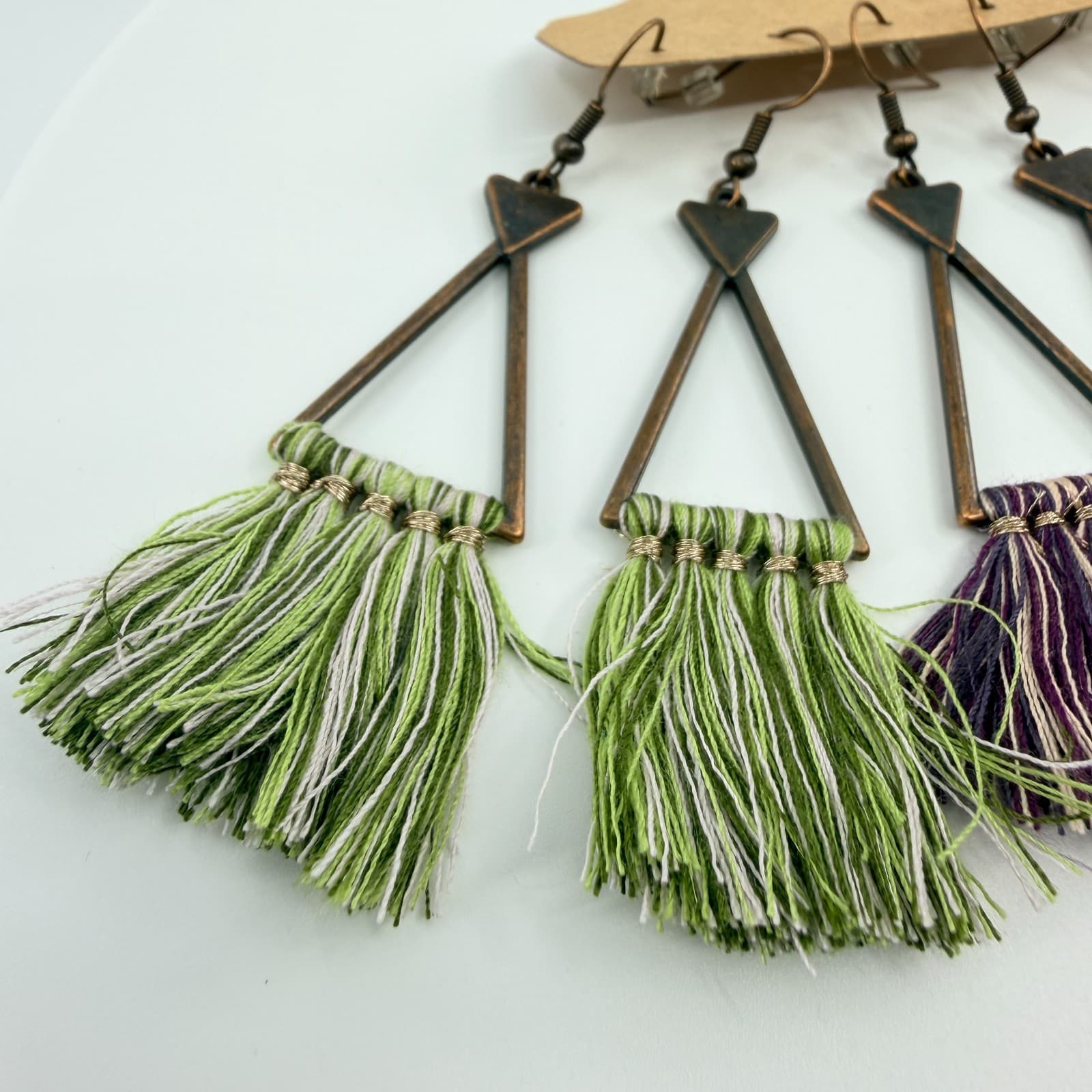 3 Pair Set Bohemian Bronze Triangle Tassel Earrings Green Purple Teal Fringe 90s - Thumbnail 2