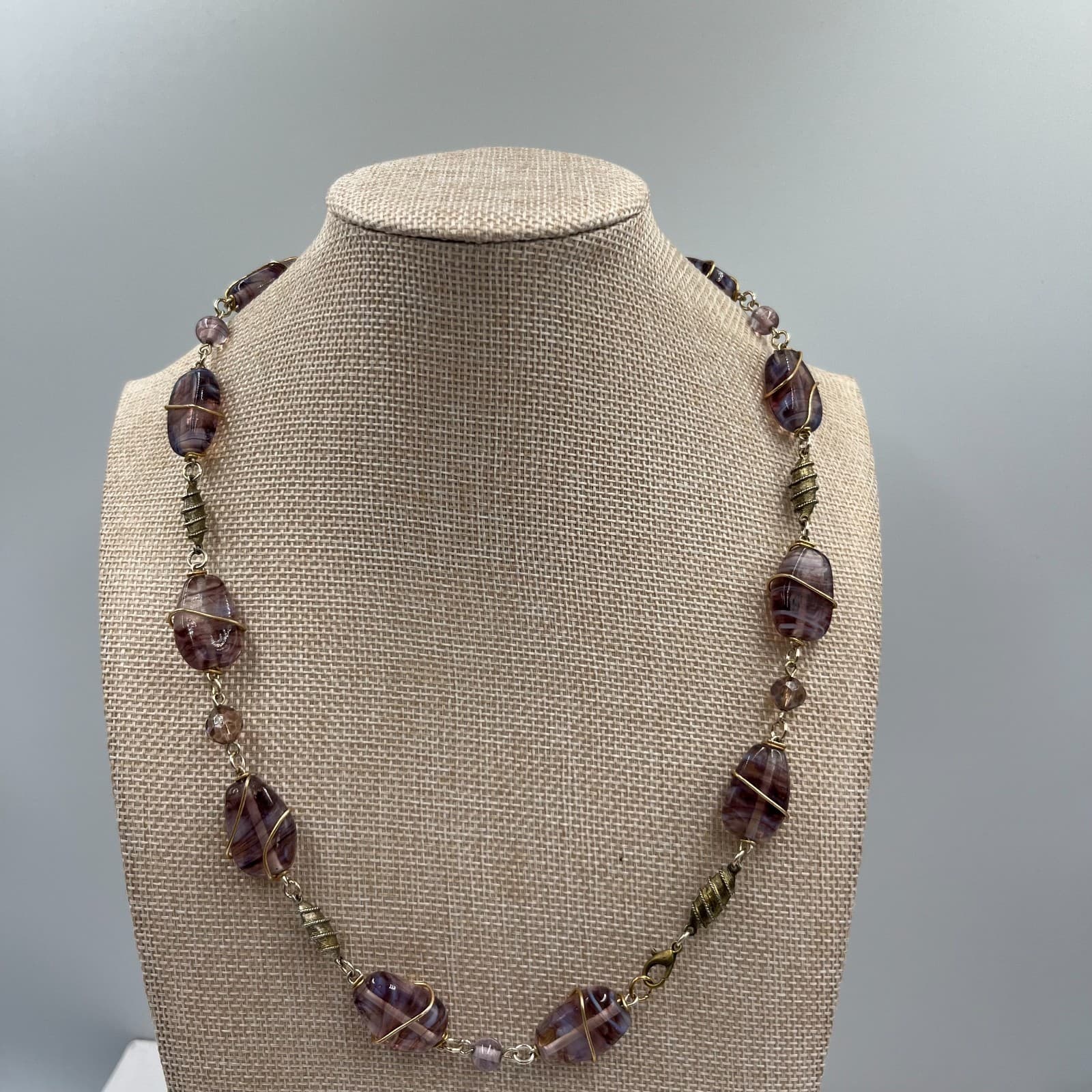 Vintage Purple Slag Glass Bead Necklace Wire Wrapped Art Deco Style Swirl 20"