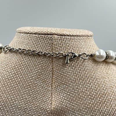 Vintage 3-Strand Faux Pearl Necklace Rhinestone Rondelles Wedding Jewelry 1950s - Thumbnail 5