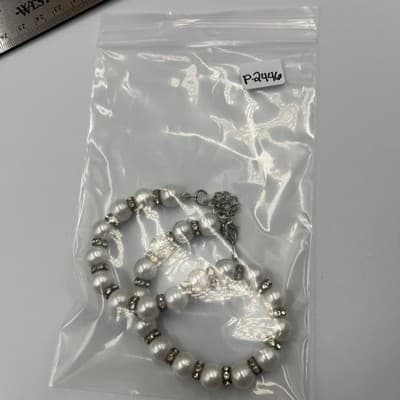 Vintage 3-Strand Faux Pearl Necklace Rhinestone Rondelles Wedding Jewelry 1950s - Thumbnail 7