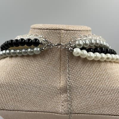 Vintage Multi Strand Faux Pearl Necklace Crystal Beads Layered Statement Choker - Thumbnail 5