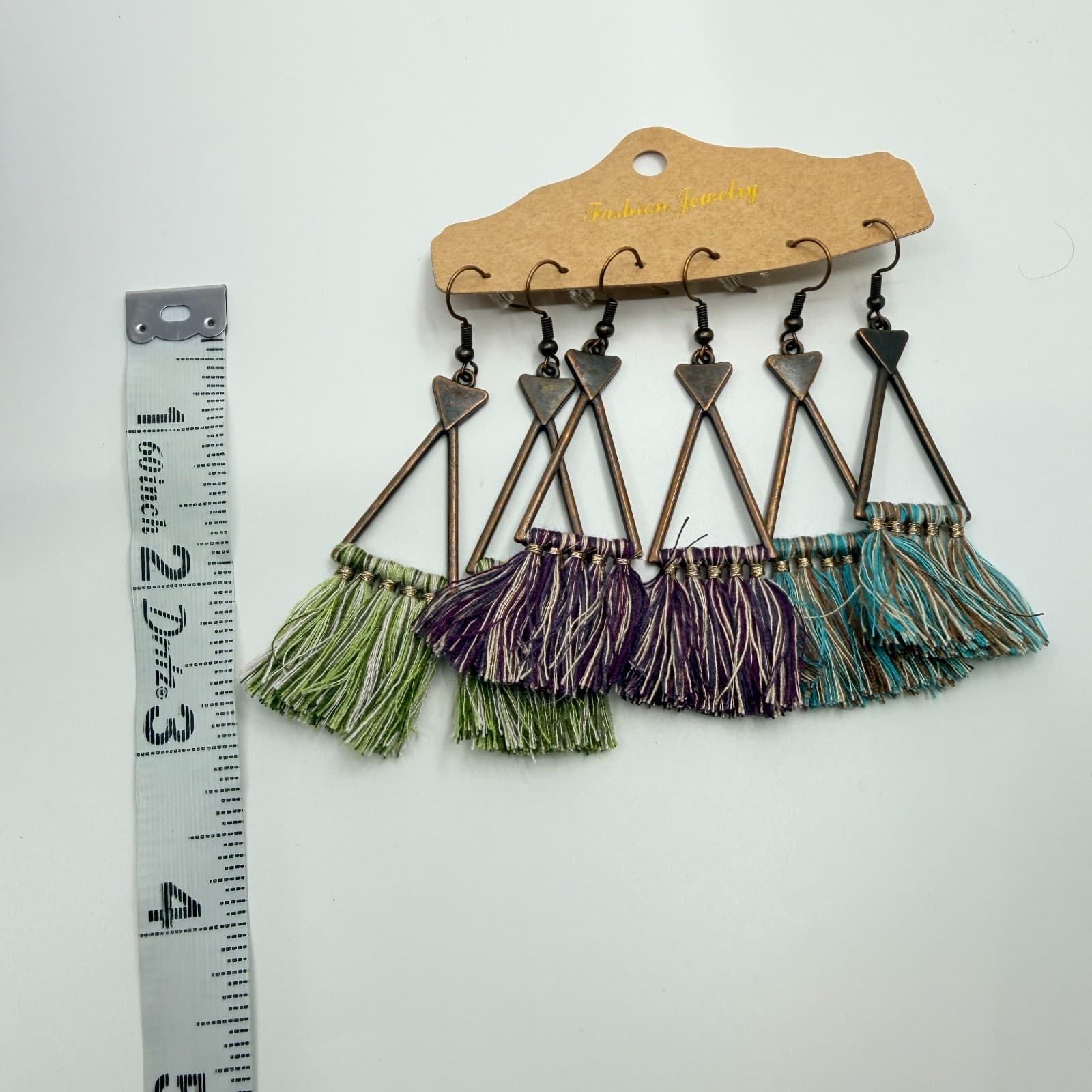 3 Pair Set Bohemian Bronze Triangle Tassel Earrings Green Purple Teal Fringe 90s - Thumbnail 7