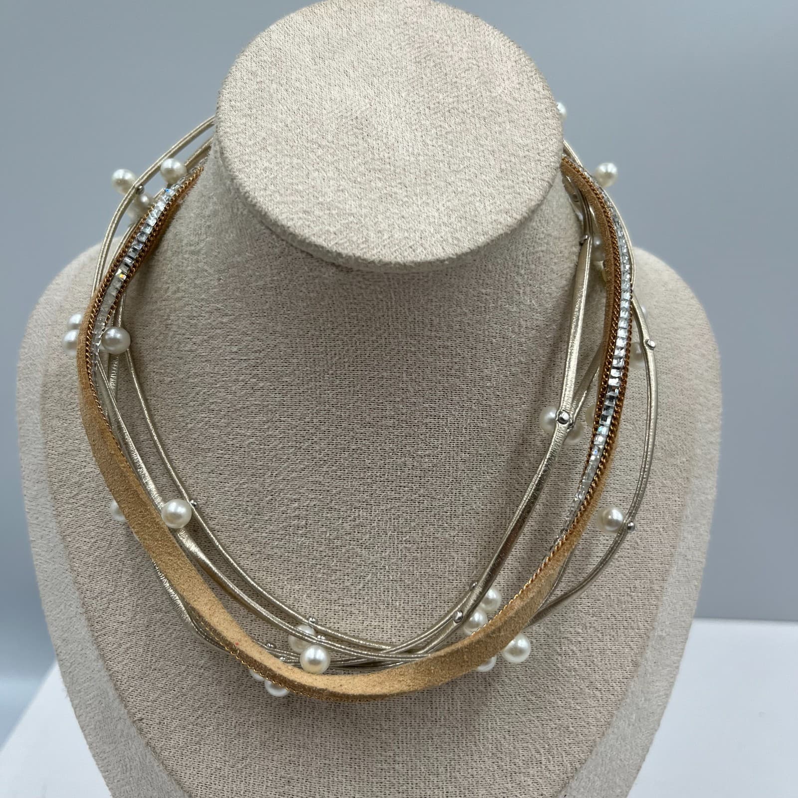 Vintage Multi-Strand Pearl Crystal Choker Necklace Magnetic Clasp Statement Boho
