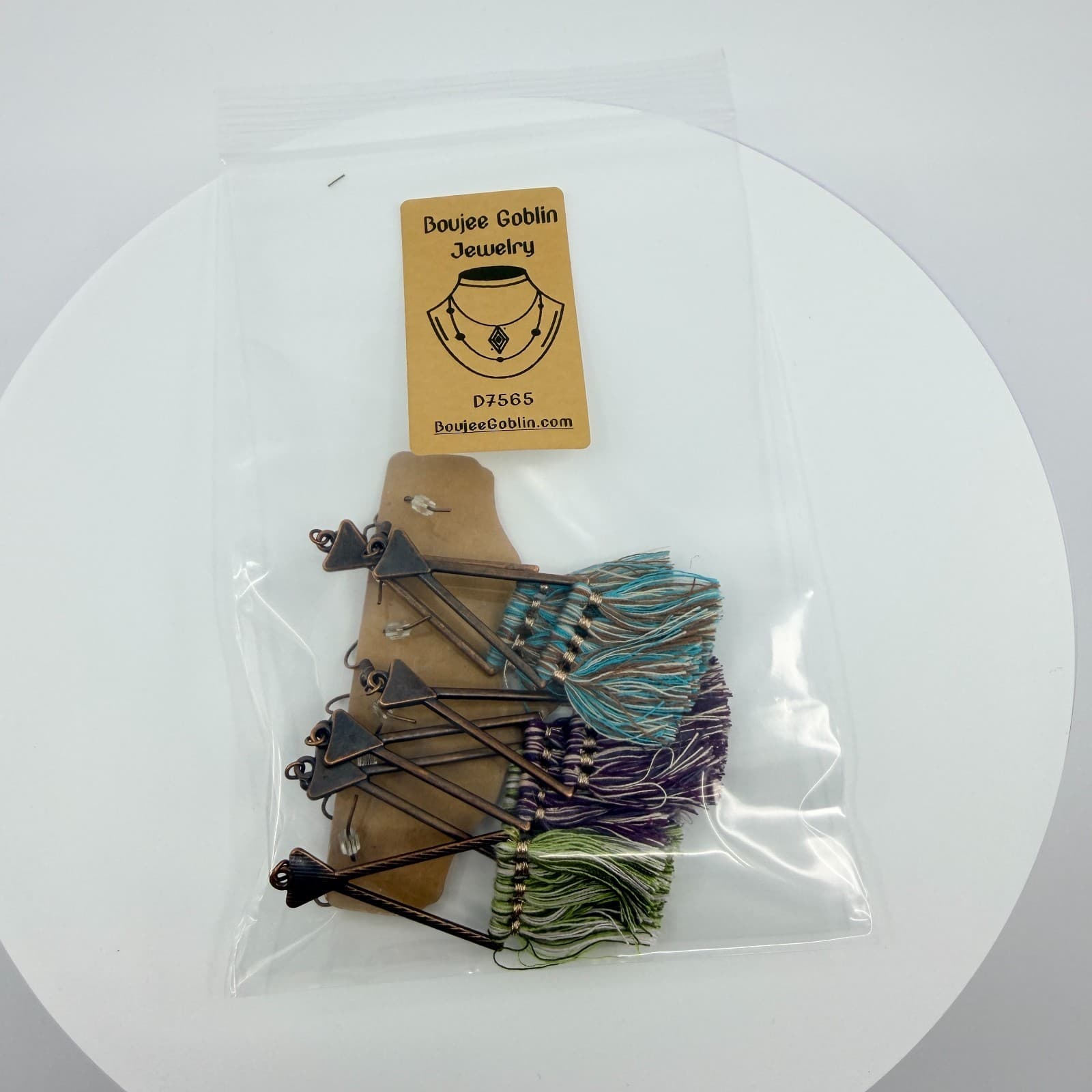 3 Pair Set Bohemian Bronze Triangle Tassel Earrings Green Purple Teal Fringe 90s - Thumbnail 8
